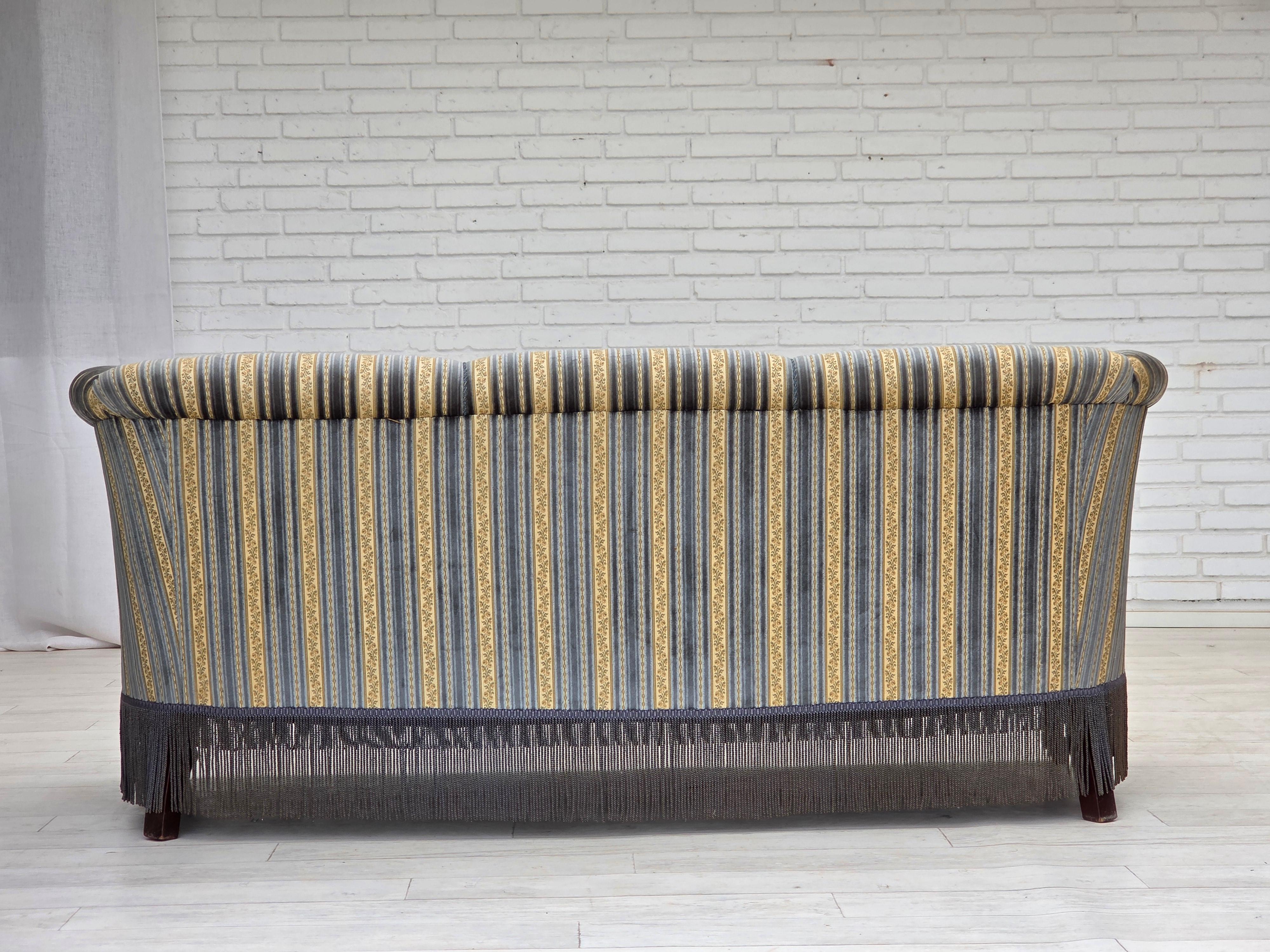 1960s, Danish 3-seater sofa, blue/beige furniture velour, beech wood legs. For Sale 1