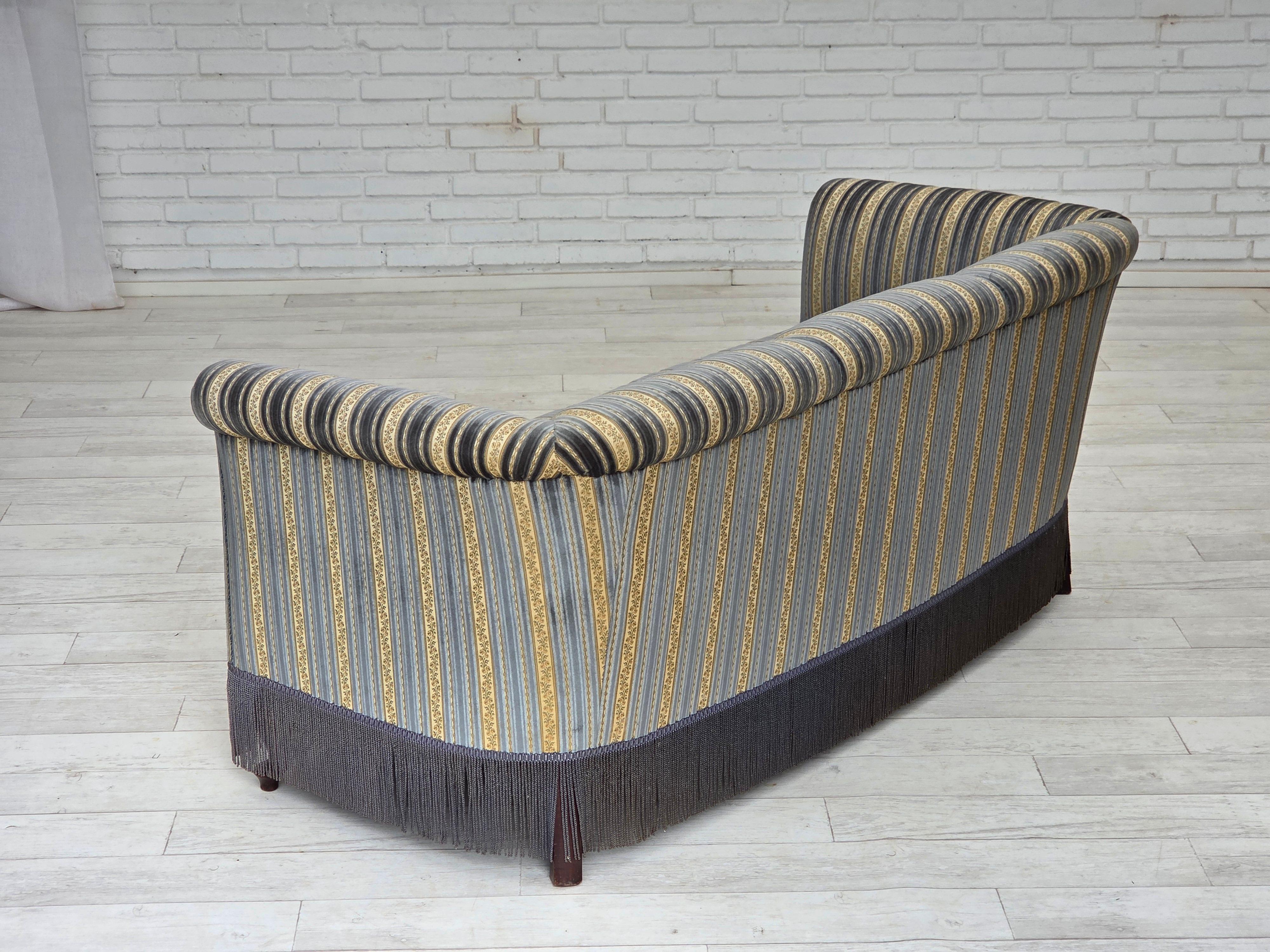 1960s, Danish 3-seater sofa, blue/beige furniture velour, beech wood legs. For Sale 2