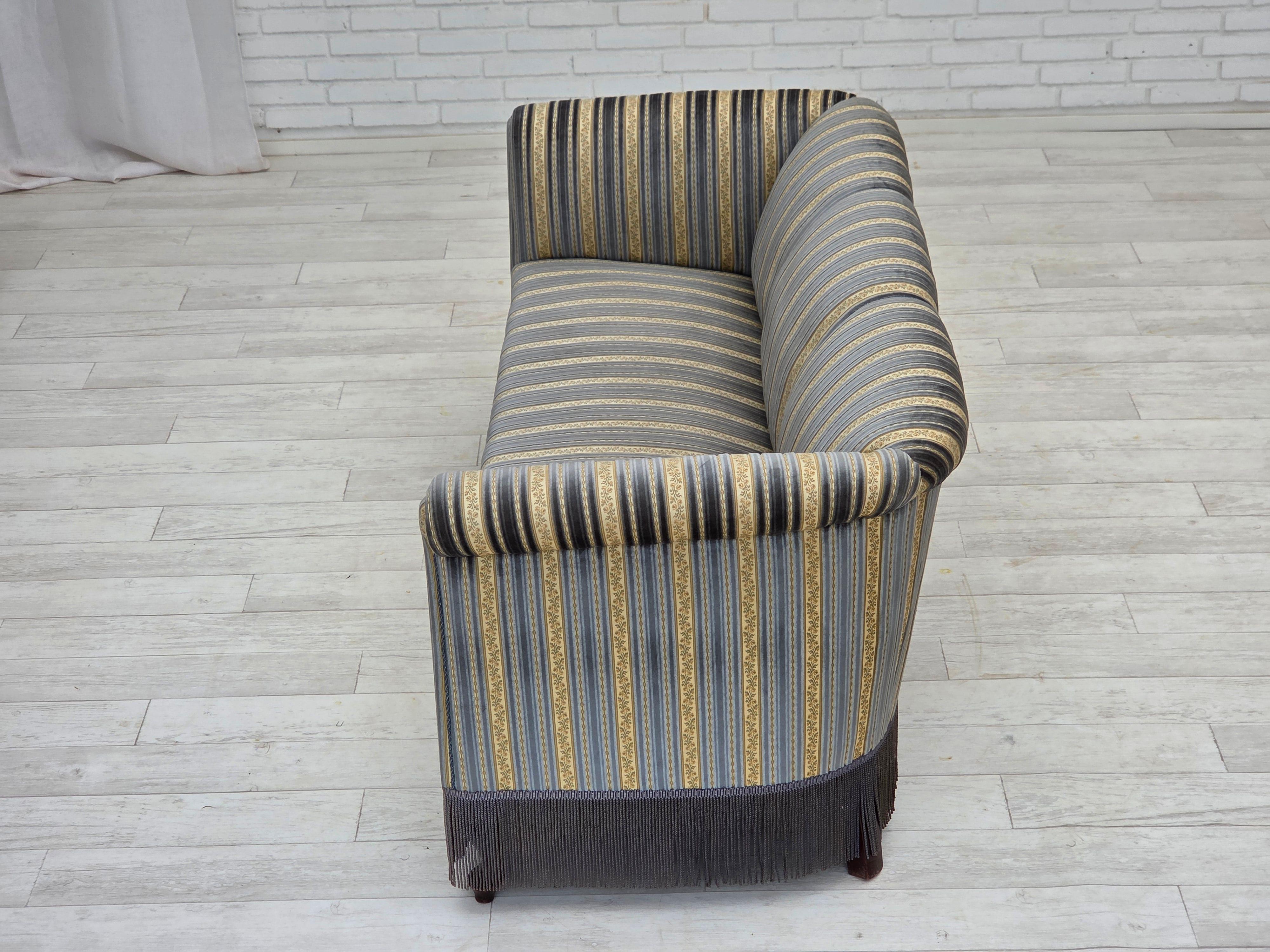 1960s, Danish 3-seater sofa, blue/beige furniture velour, beech wood legs. For Sale 3