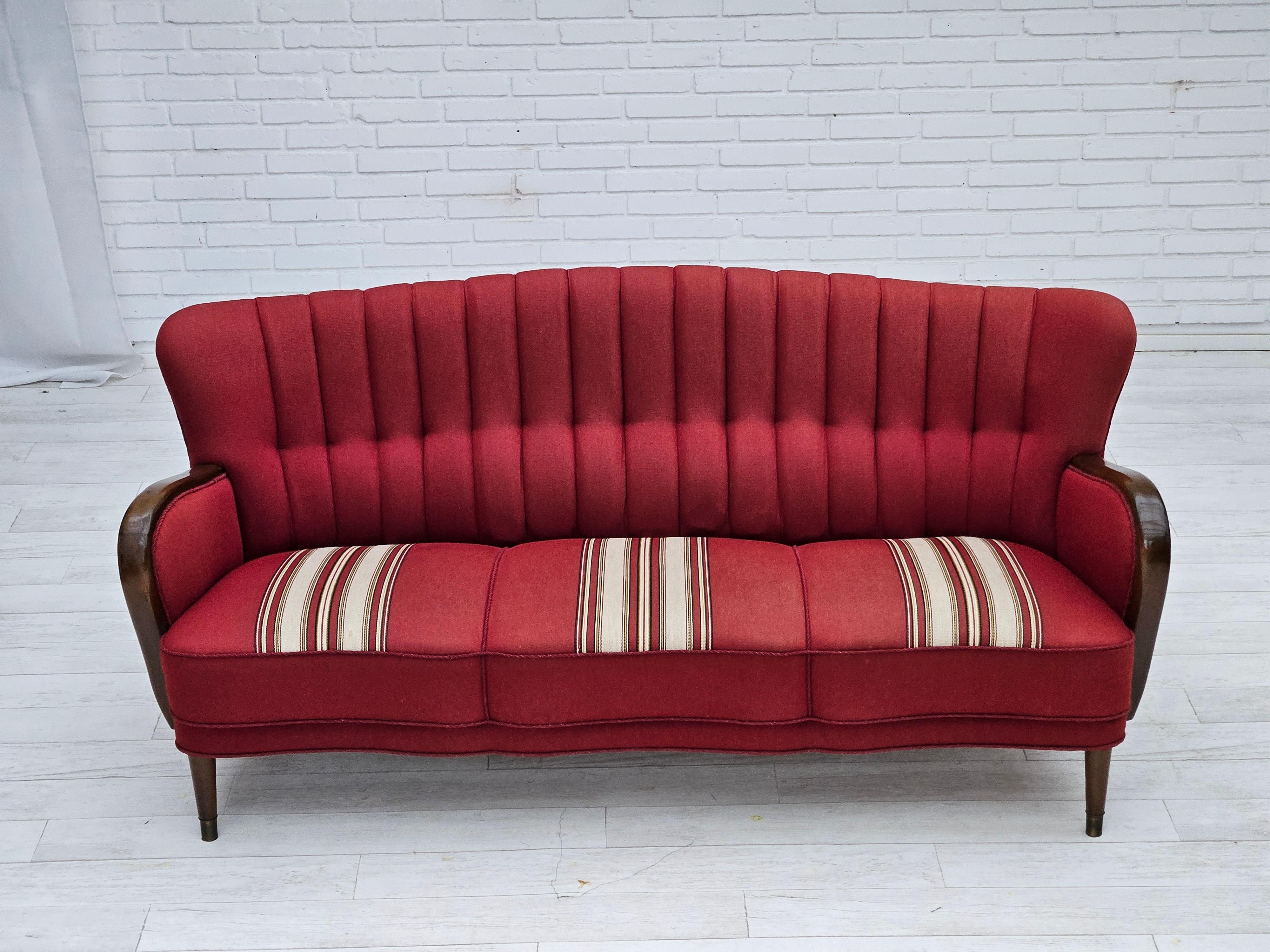 1960s, Danish 3-seater sofa by Alfred Christensen. Red furniture wool fabric, brass springs in the seat, brass plugs on beech wood legs. Original good condition: no smells, no stains, and stable construction. Manufactured by Danish furniture maker