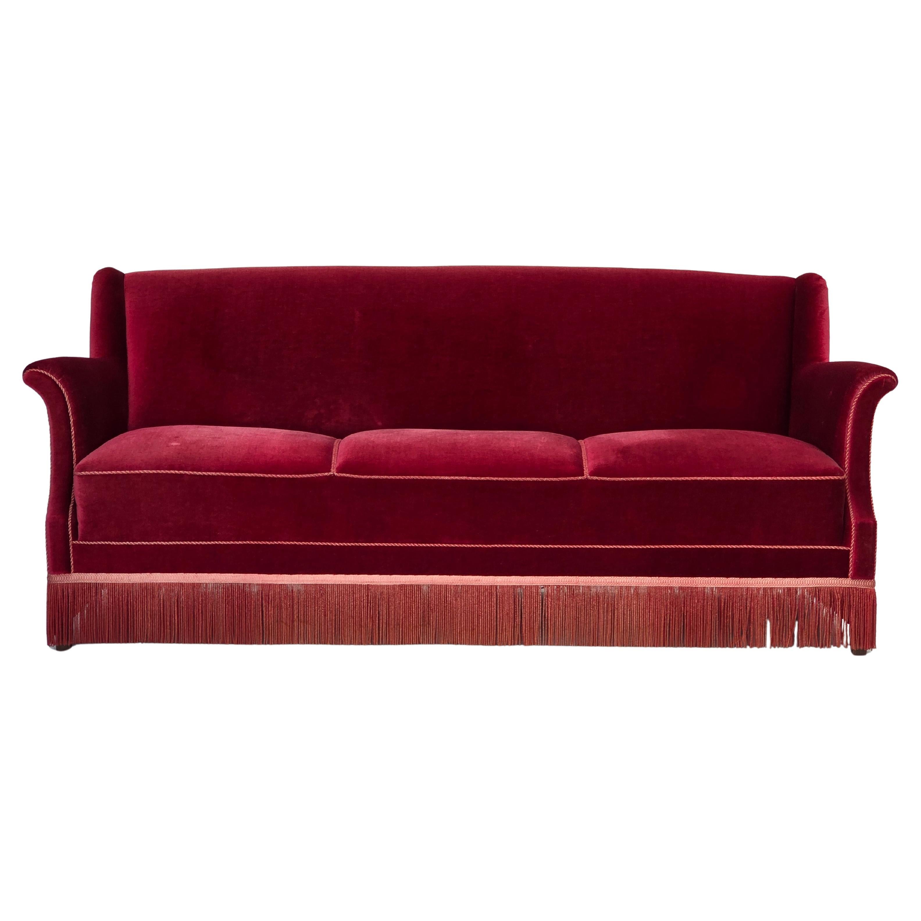 1960s, Danish 3-seater sofa, cherry-red furniture velour, ash wood.