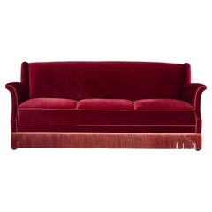 Vintage 1960s, Danish 3-seater sofa, cherry-red furniture velour, ash wood.