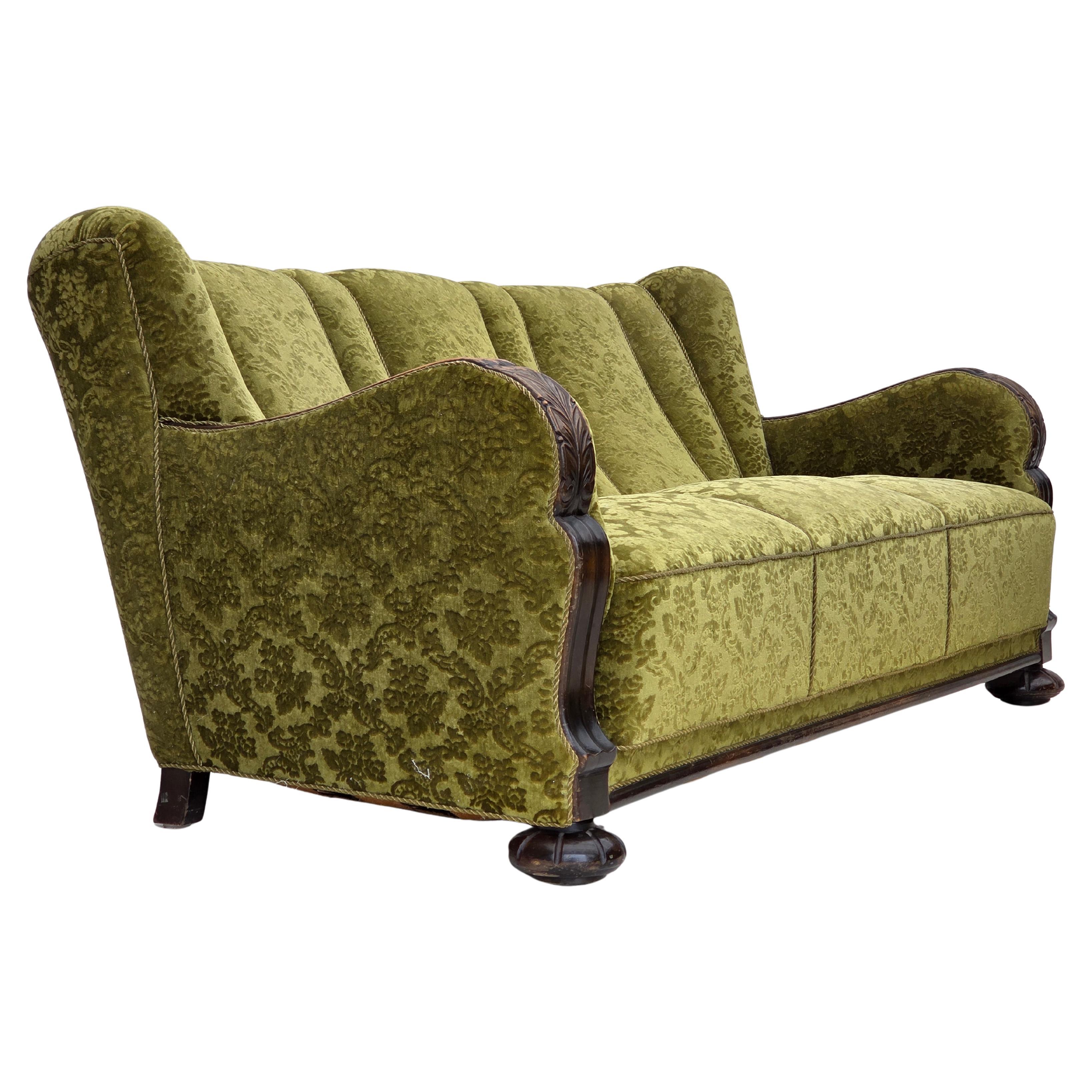 1960s, Danish 3-seater sofa, furniture velour, carved oak wood.