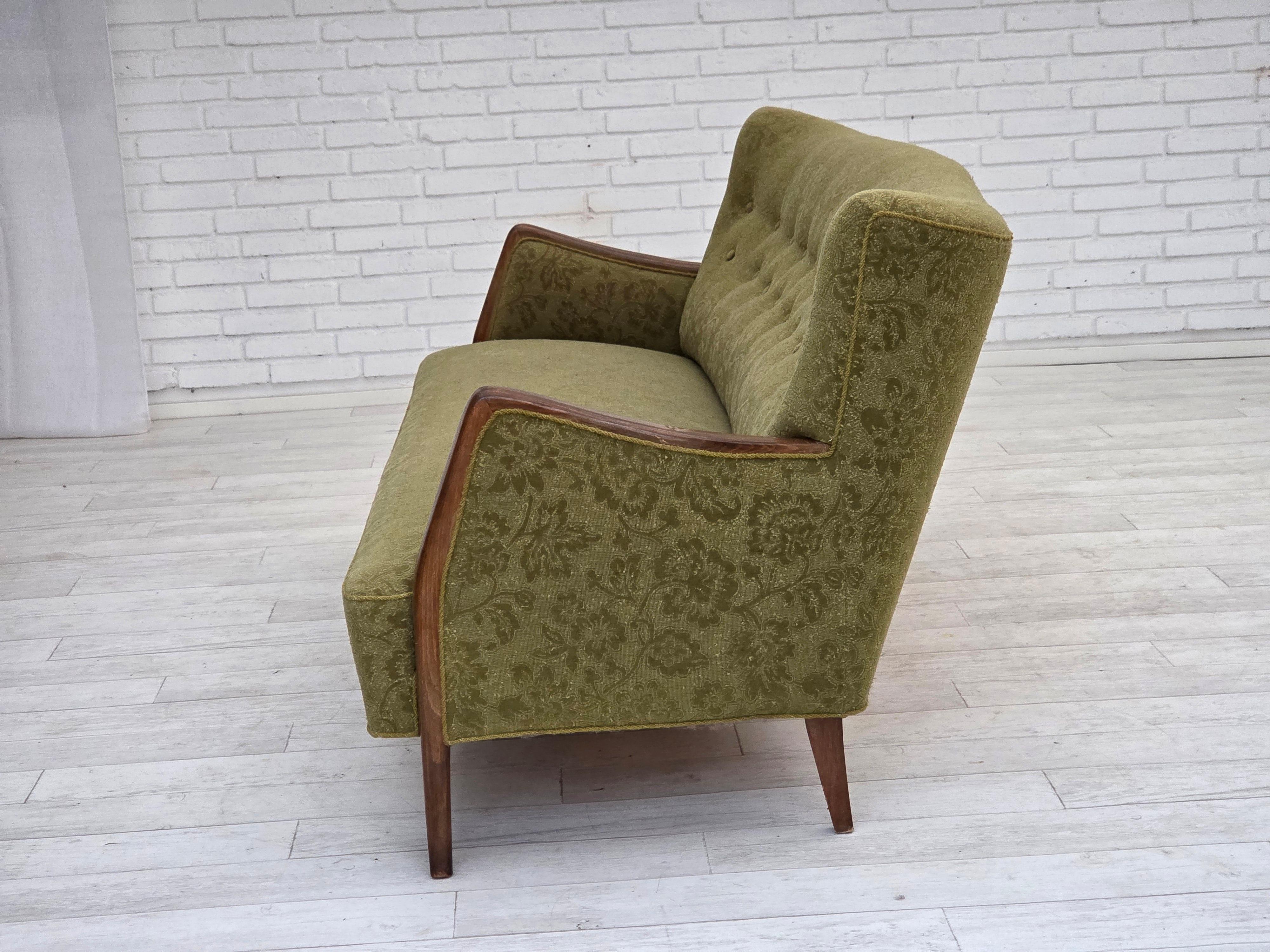 1960s, Danish 3-seater sofa, green furniture velour, ash wood legs. For Sale 4