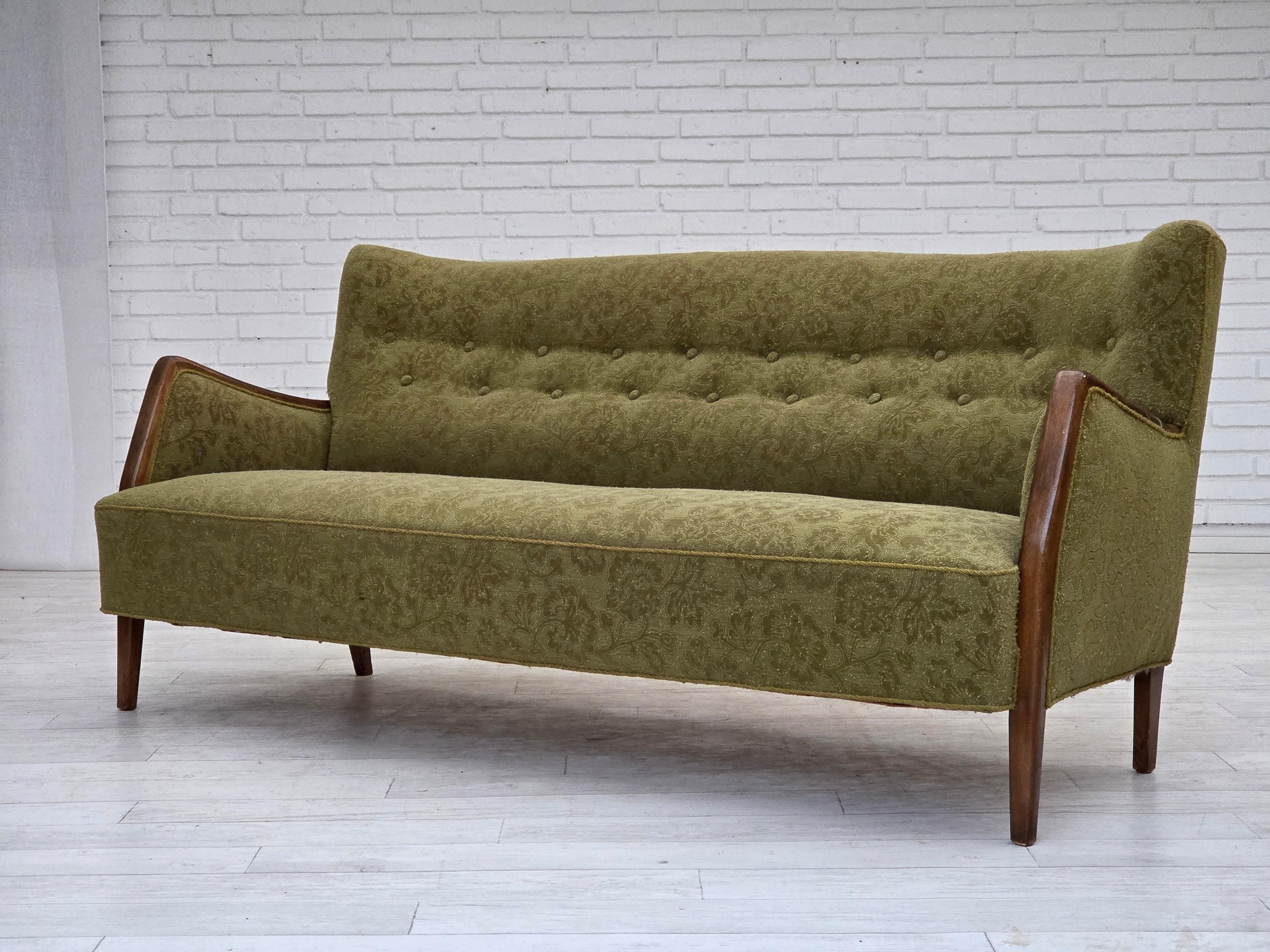 1960s, Danish 3-seater sofa, green furniture velour, ash wood legs. For Sale 5