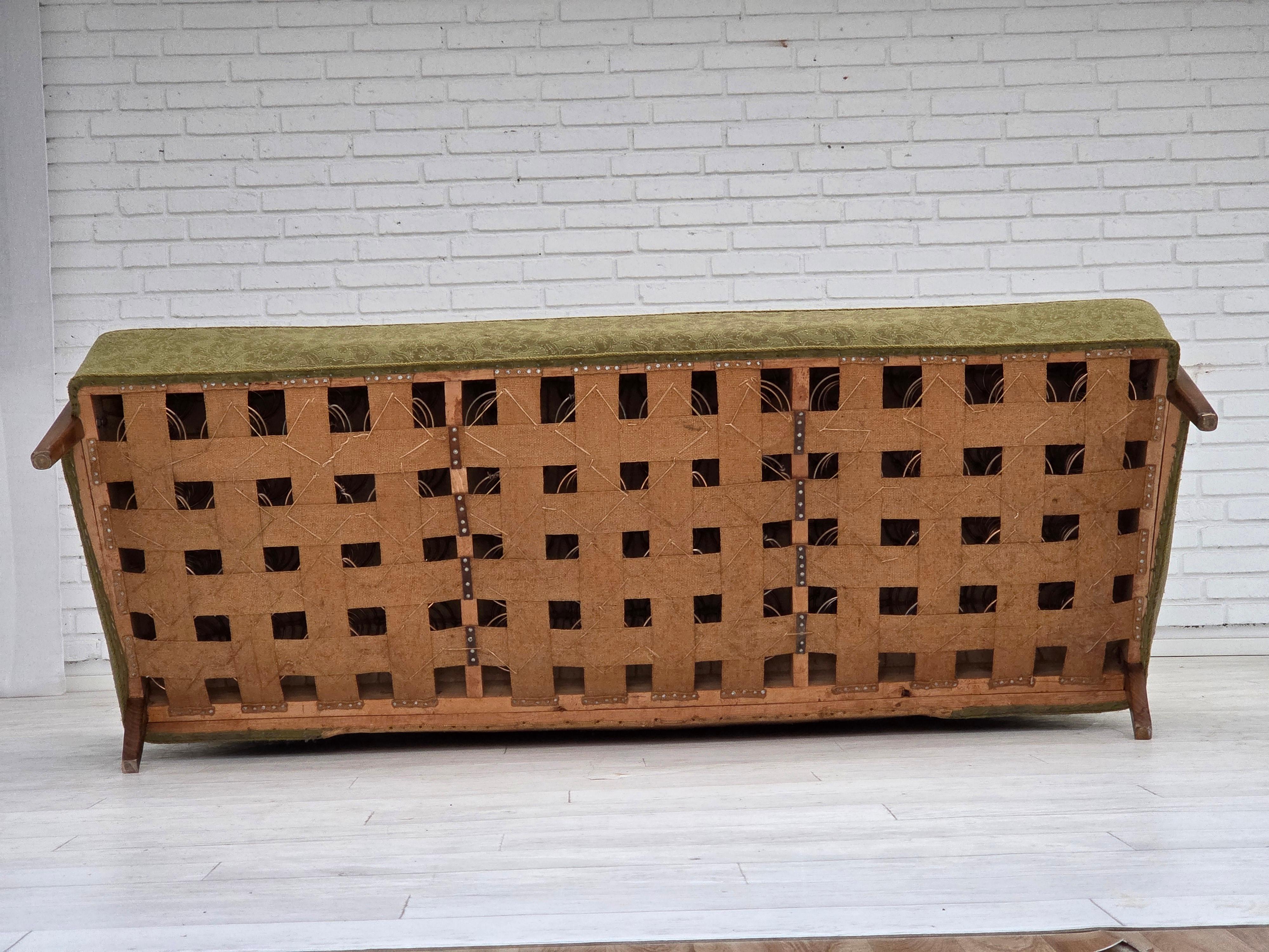 1960s, Danish 3-seater sofa, green furniture velour, ash wood legs. For Sale 6