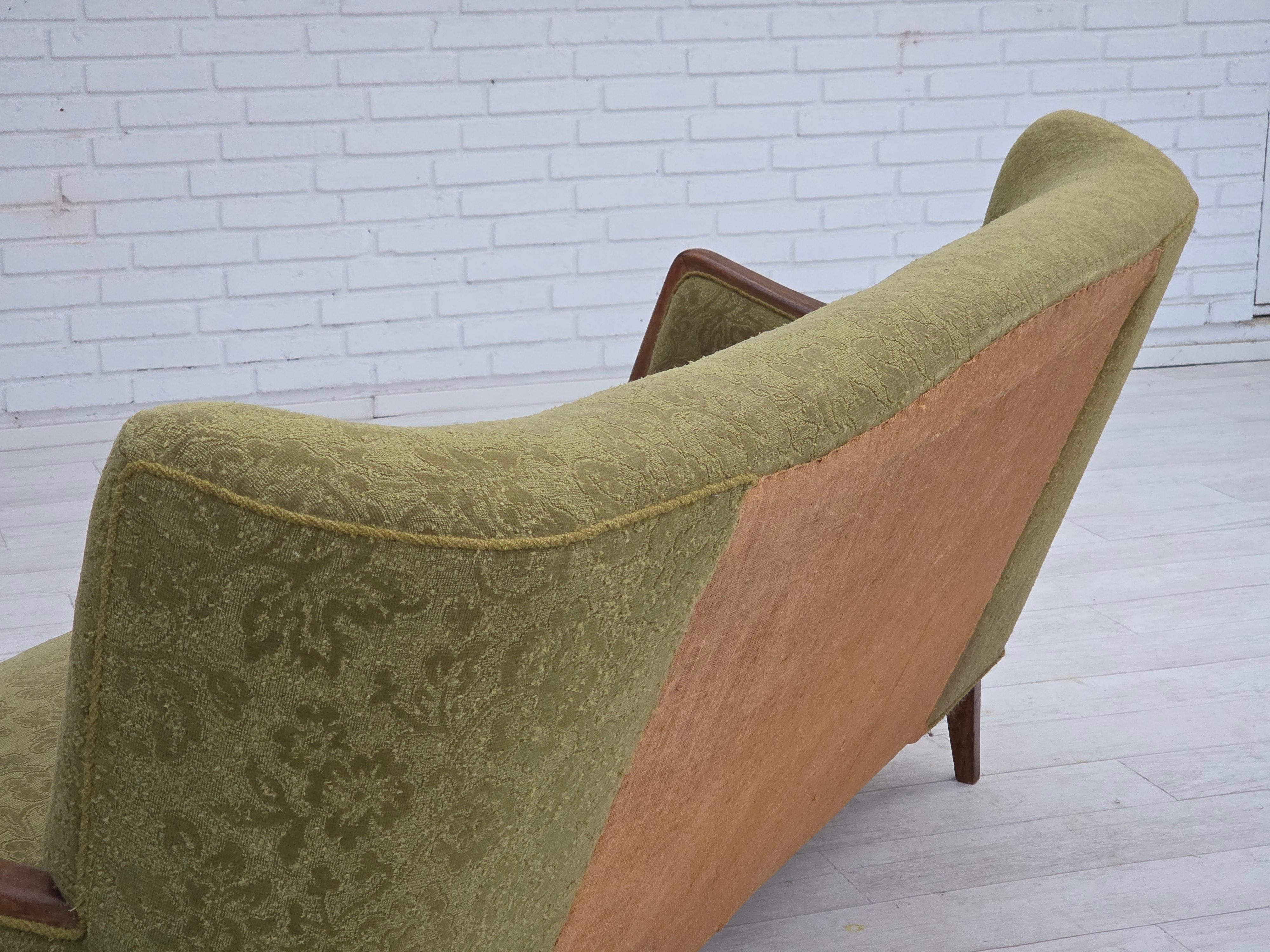 1960s, Danish 3-seater sofa, green furniture velour, ash wood legs. For Sale 9