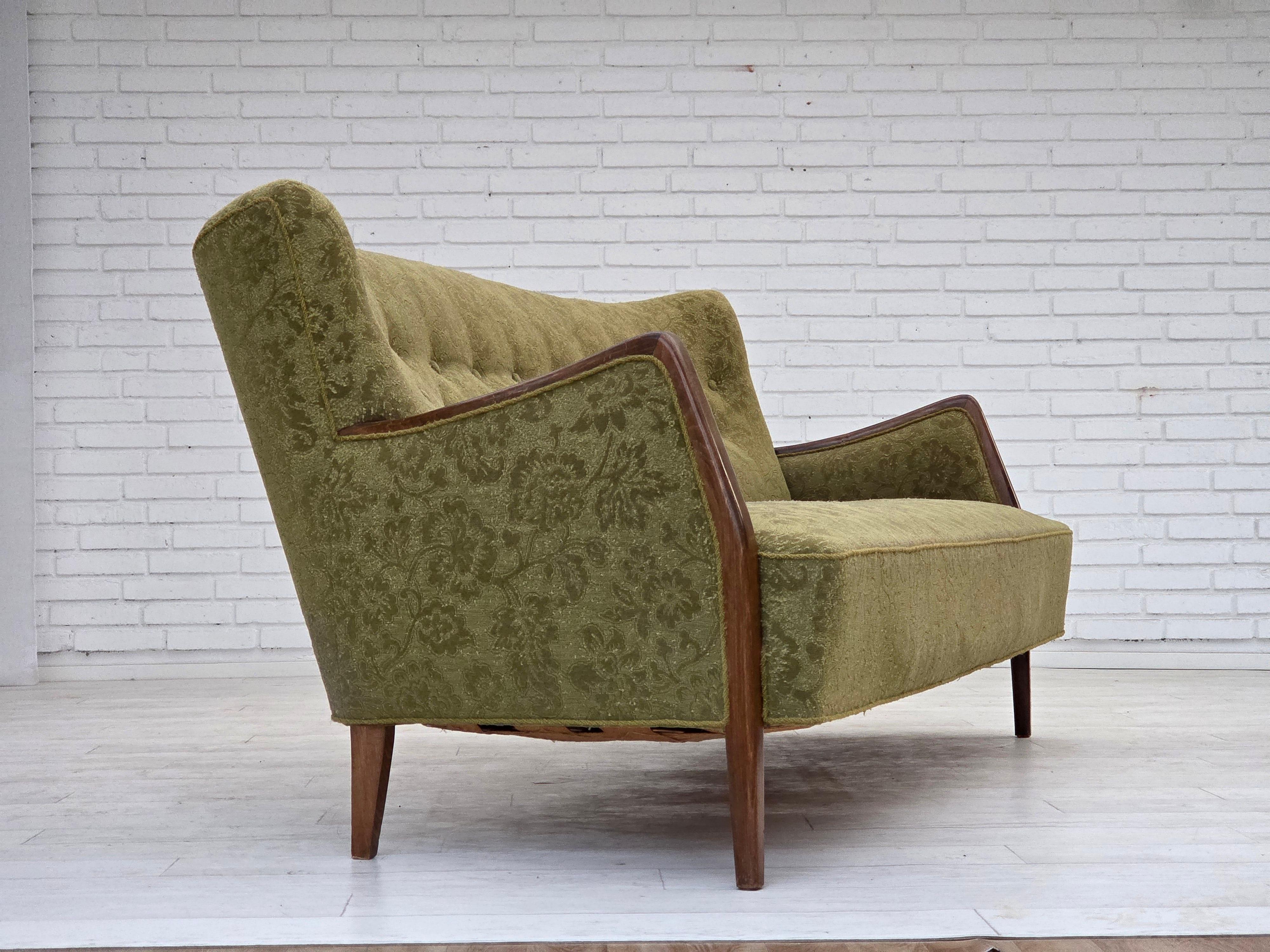 Scandinavian Modern 1960s, Danish 3-seater sofa, green furniture velour, ash wood legs. For Sale