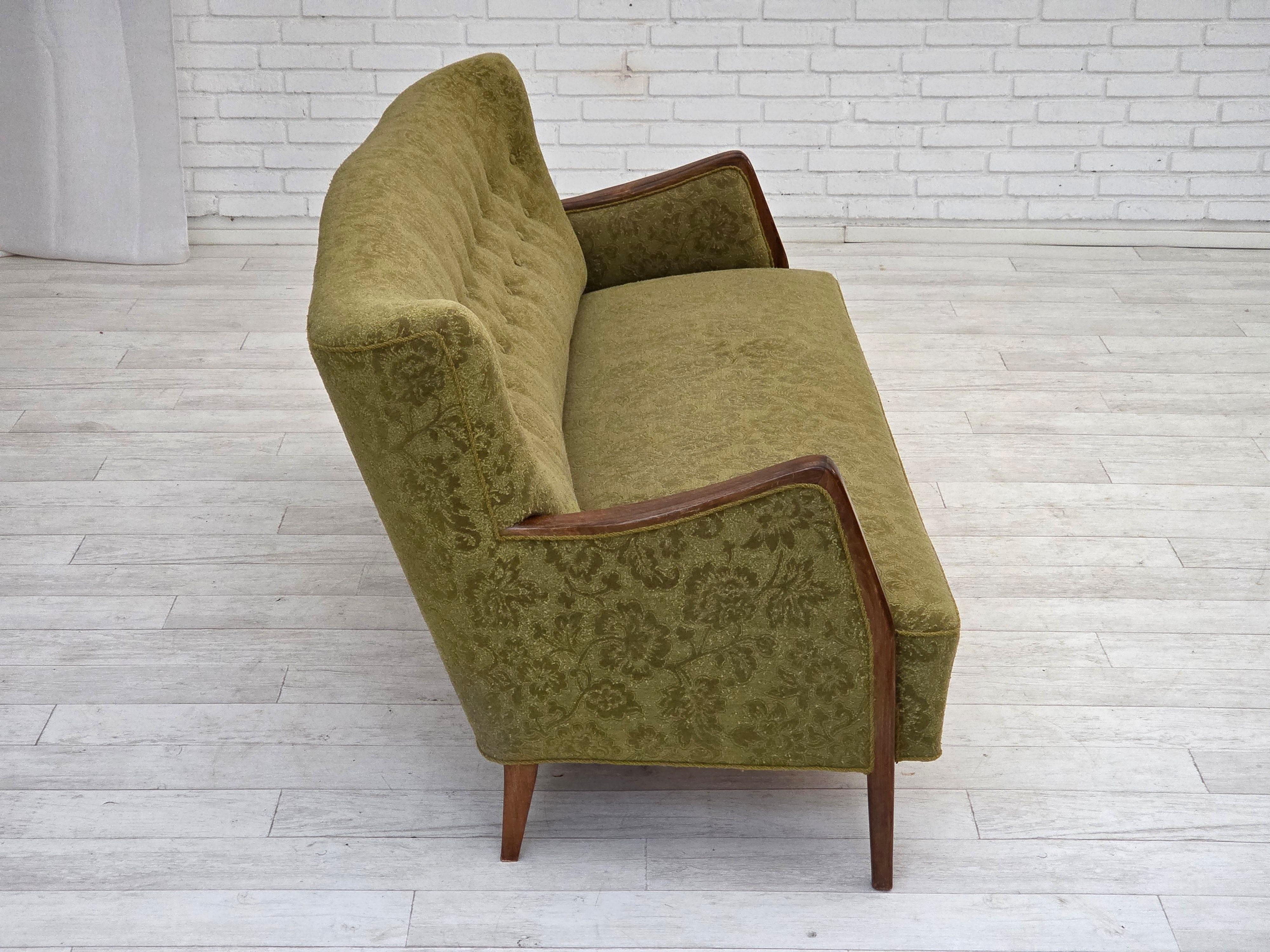 Velvet 1960s, Danish 3-seater sofa, green furniture velour, ash wood legs. For Sale