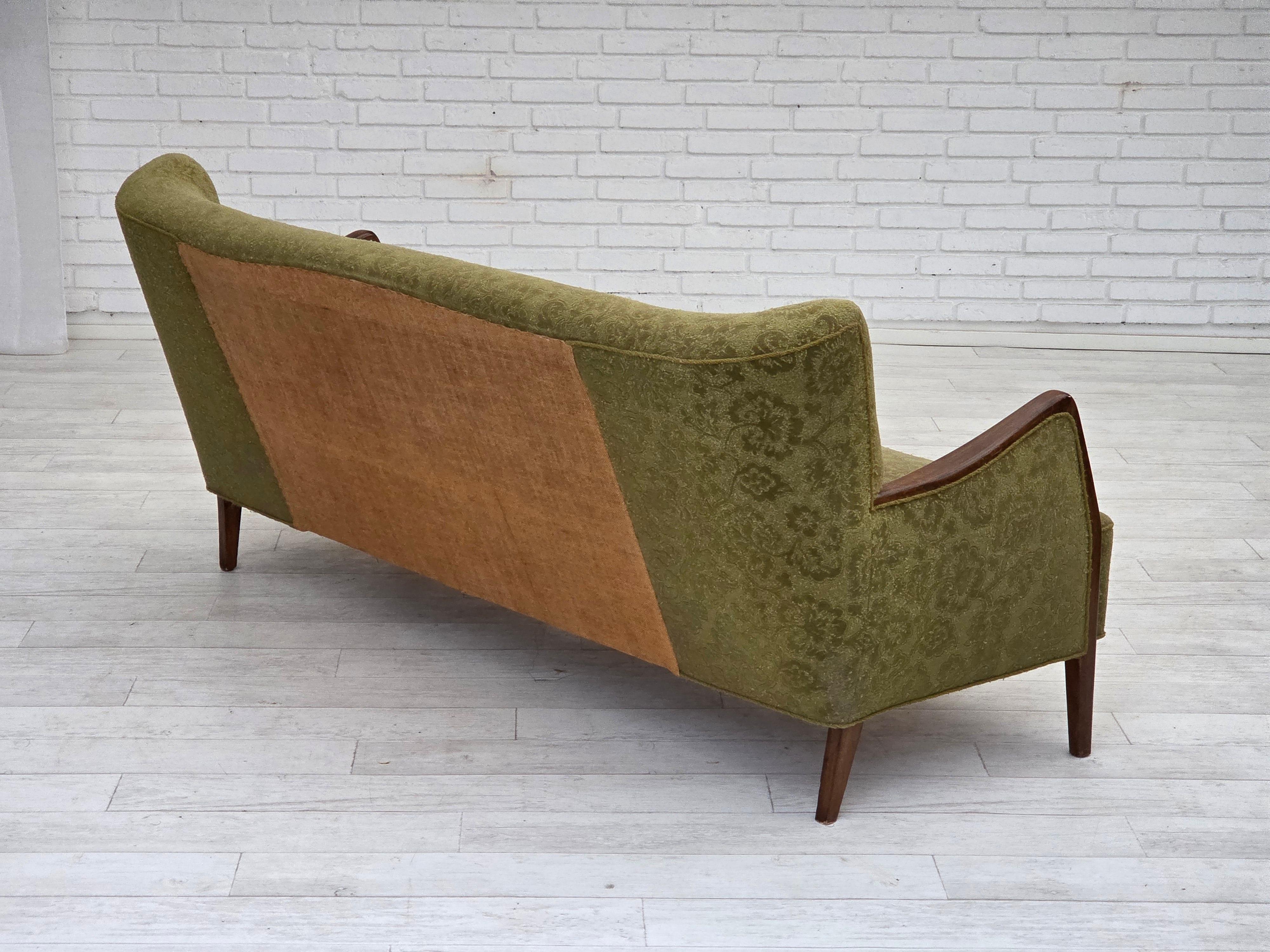 1960s, Danish 3-seater sofa, green furniture velour, ash wood legs. For Sale 1
