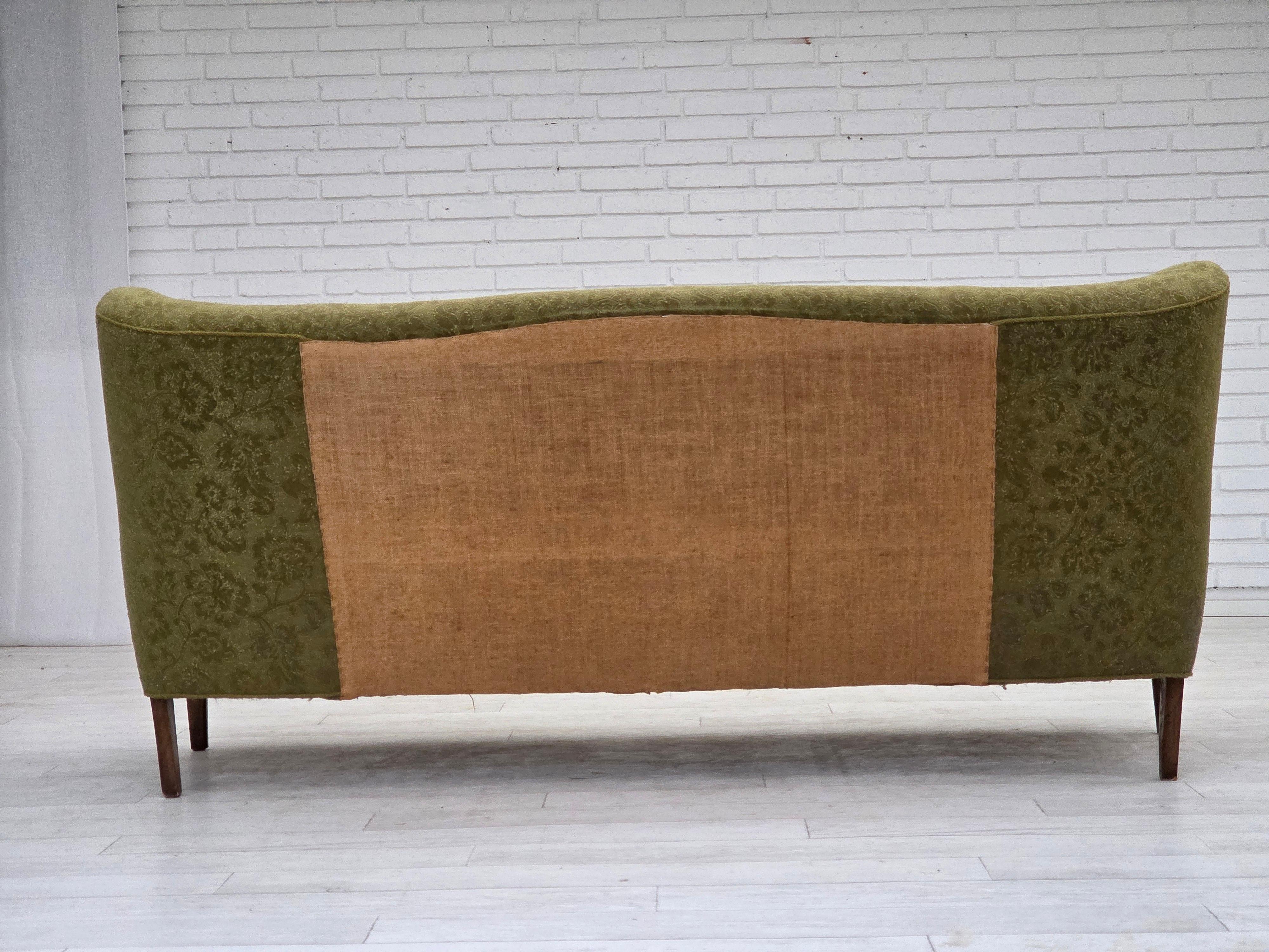 1960s, Danish 3-seater sofa, green furniture velour, ash wood legs. For Sale 2
