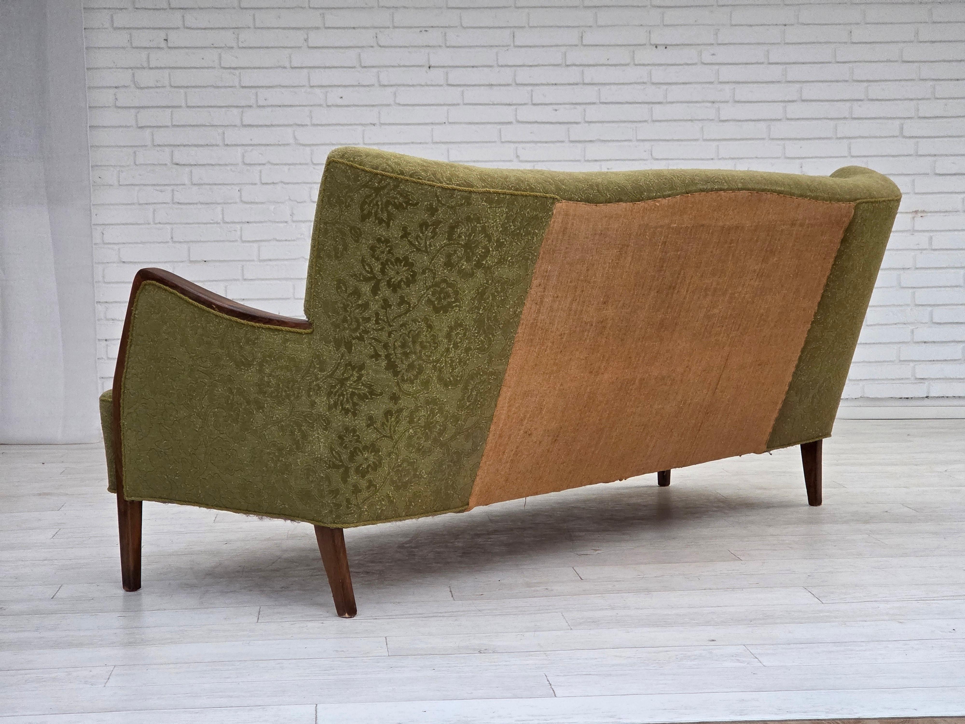 1960s, Danish 3-seater sofa, green furniture velour, ash wood legs. For Sale 3