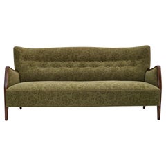 Vintage 1960s, Danish 3-seater sofa, green furniture velour, ash wood legs.