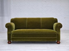 1960s, Danish 3-seater sofa, green furniture velour, beech wood legs.