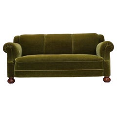 1960s, Danish 3-seater sofa, green furniture velour, beech wood legs.