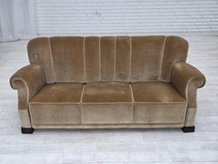 1960s, Danish 3-seater sofa, green furniture velour, oak wood legs.