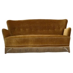 Vintage 1960s, Danish 3-seater sofa, honey-yellow furniture velour, beech wood.