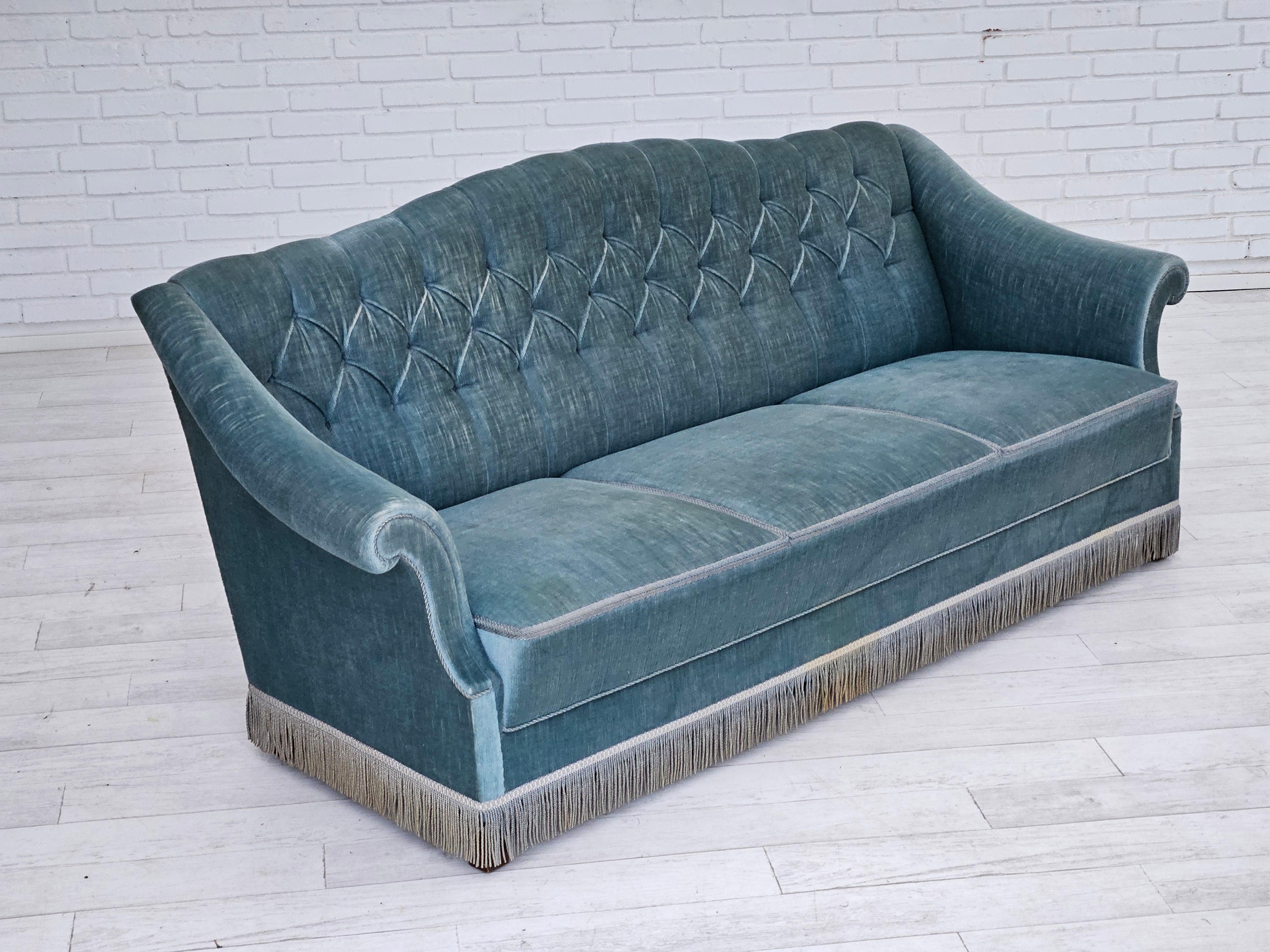 1960s, Danish 3 seater sofa, light blue velour, original good condition. 6