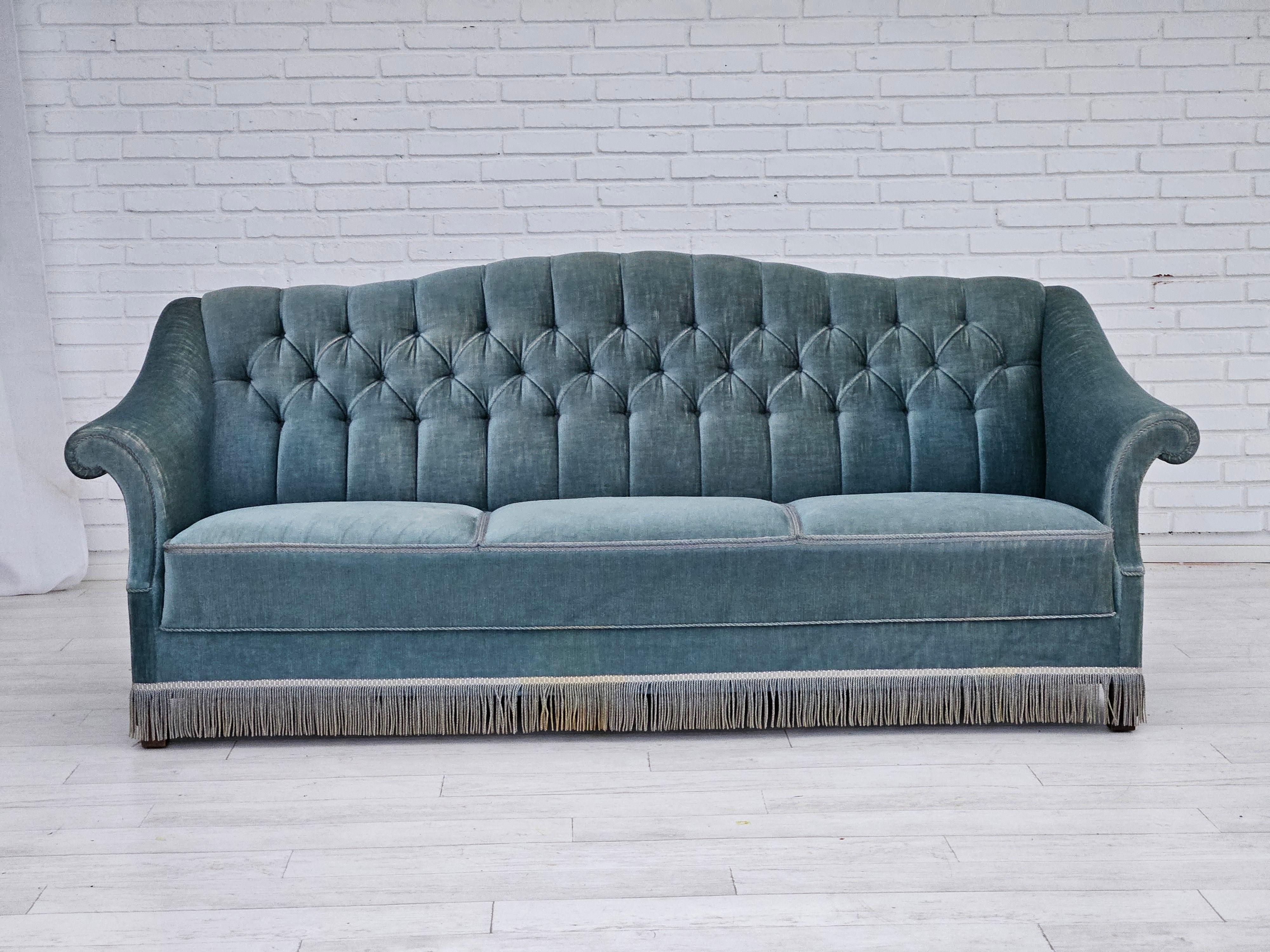 1950s-60s, Danish 3 seater sofa in original light blue velour. Original good condition with nice patina: no smells and no stains. Beech wood legs, springs in the seat. Manufactured by Danish furniture manufacturer in about 1955s.
