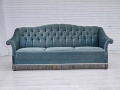 Années 1960, canapé danois à 3 places, velours bleu clair, bon état d'origine