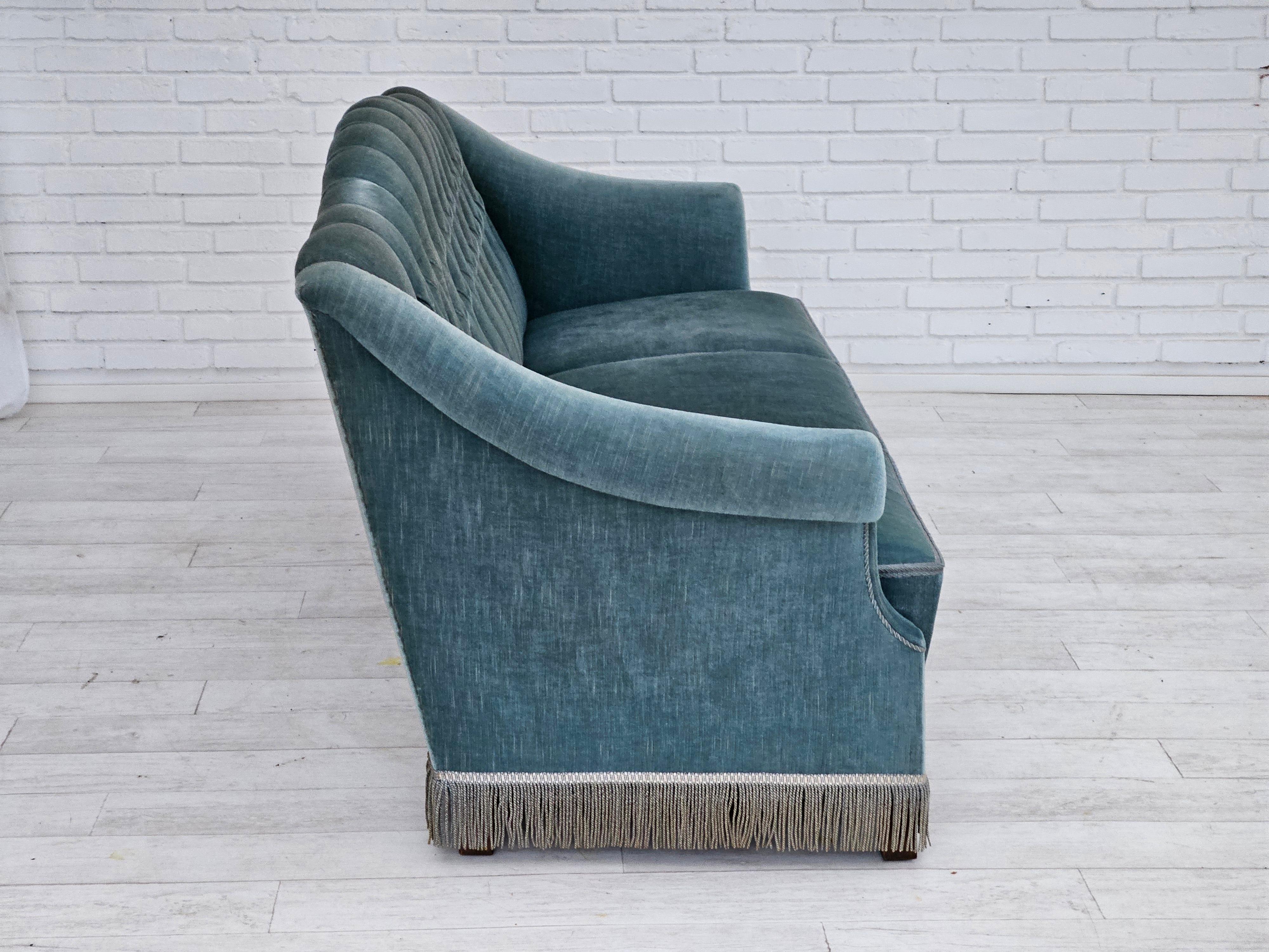 Fabric 1960s, Danish 3 seater sofa, light blue velour, original good condition.