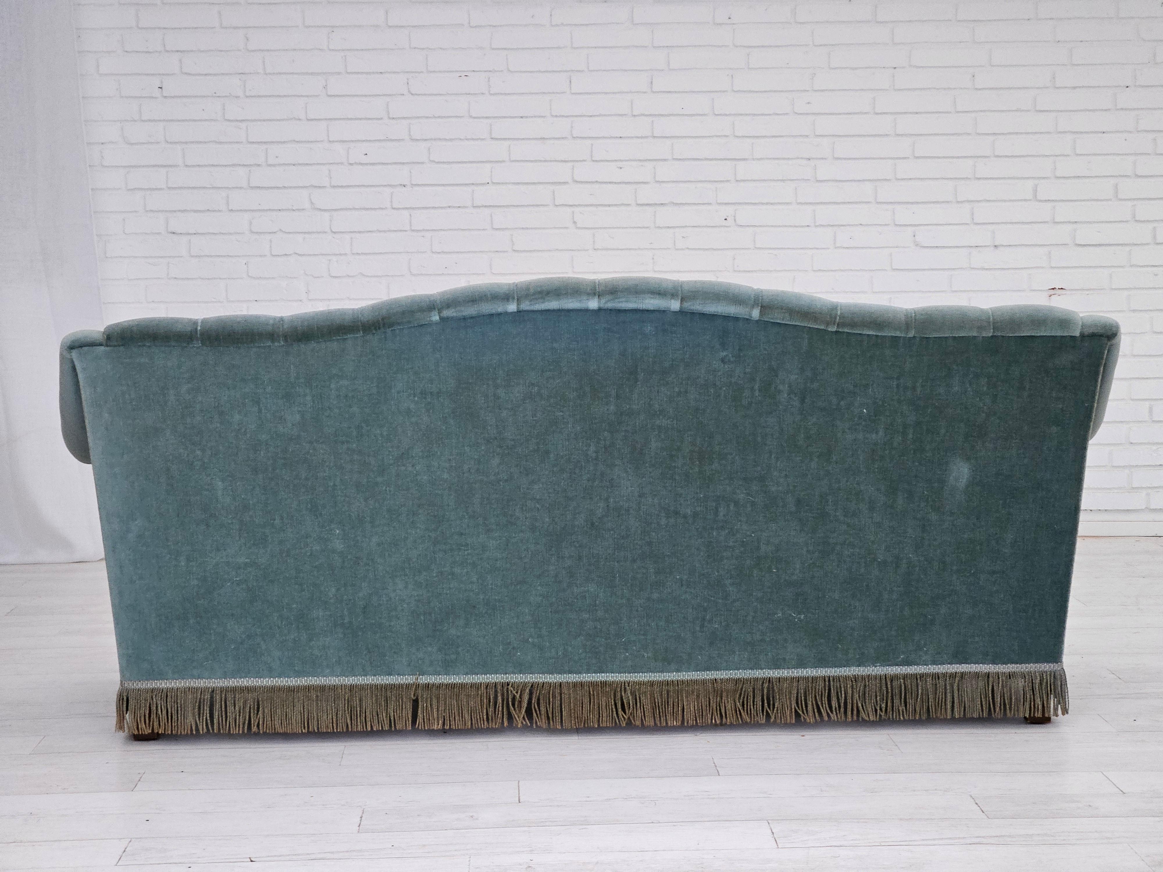 1960s, Danish 3 seater sofa, light blue velour, original good condition. 2