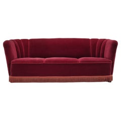 Vintage 1960s, Danish 3 seater sofa, original condition, cherry-red furniture velour.