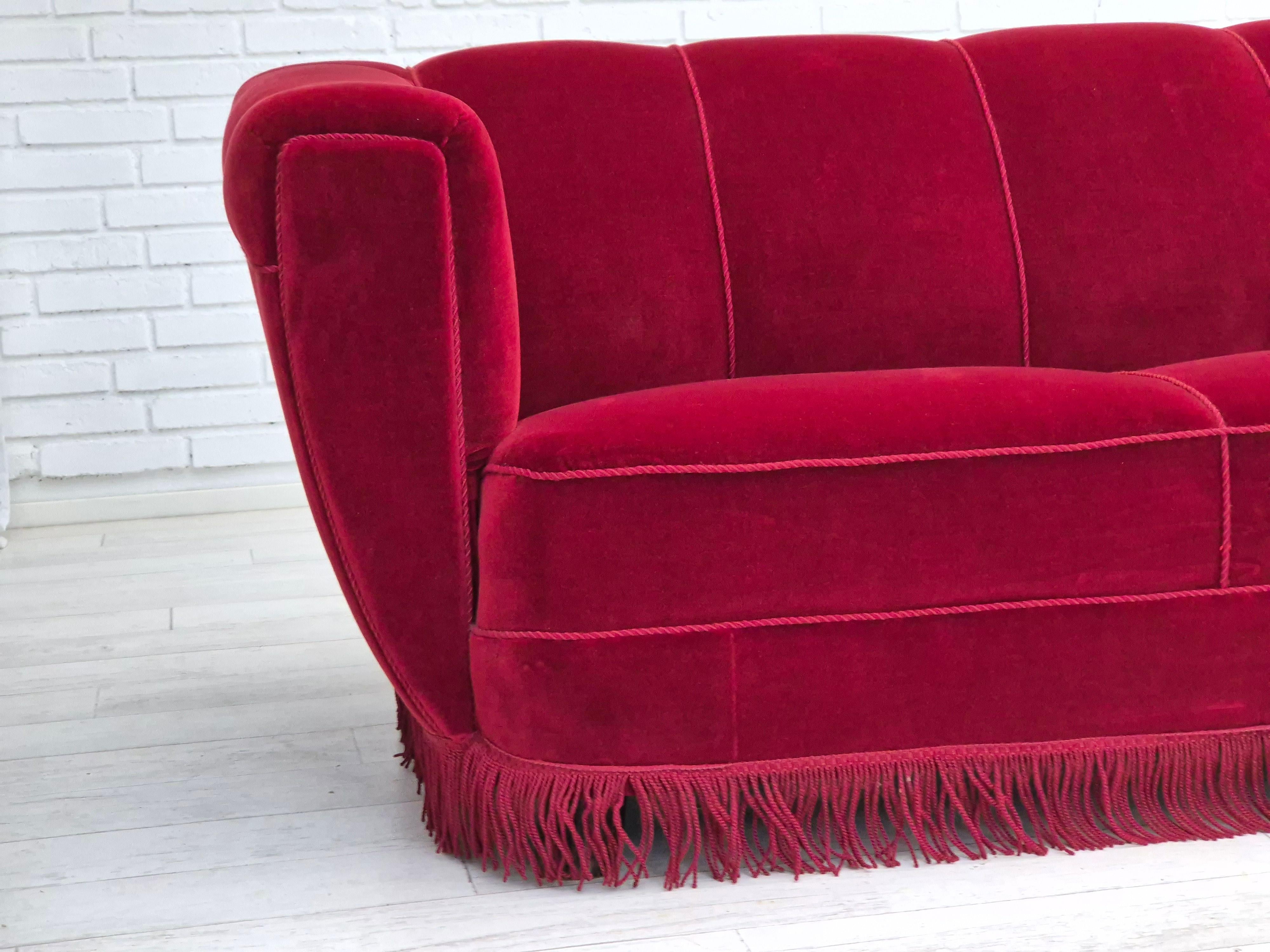 1960s, Danish 3 seater sofa, original condition, furniture velour, oak wood legs For Sale 4