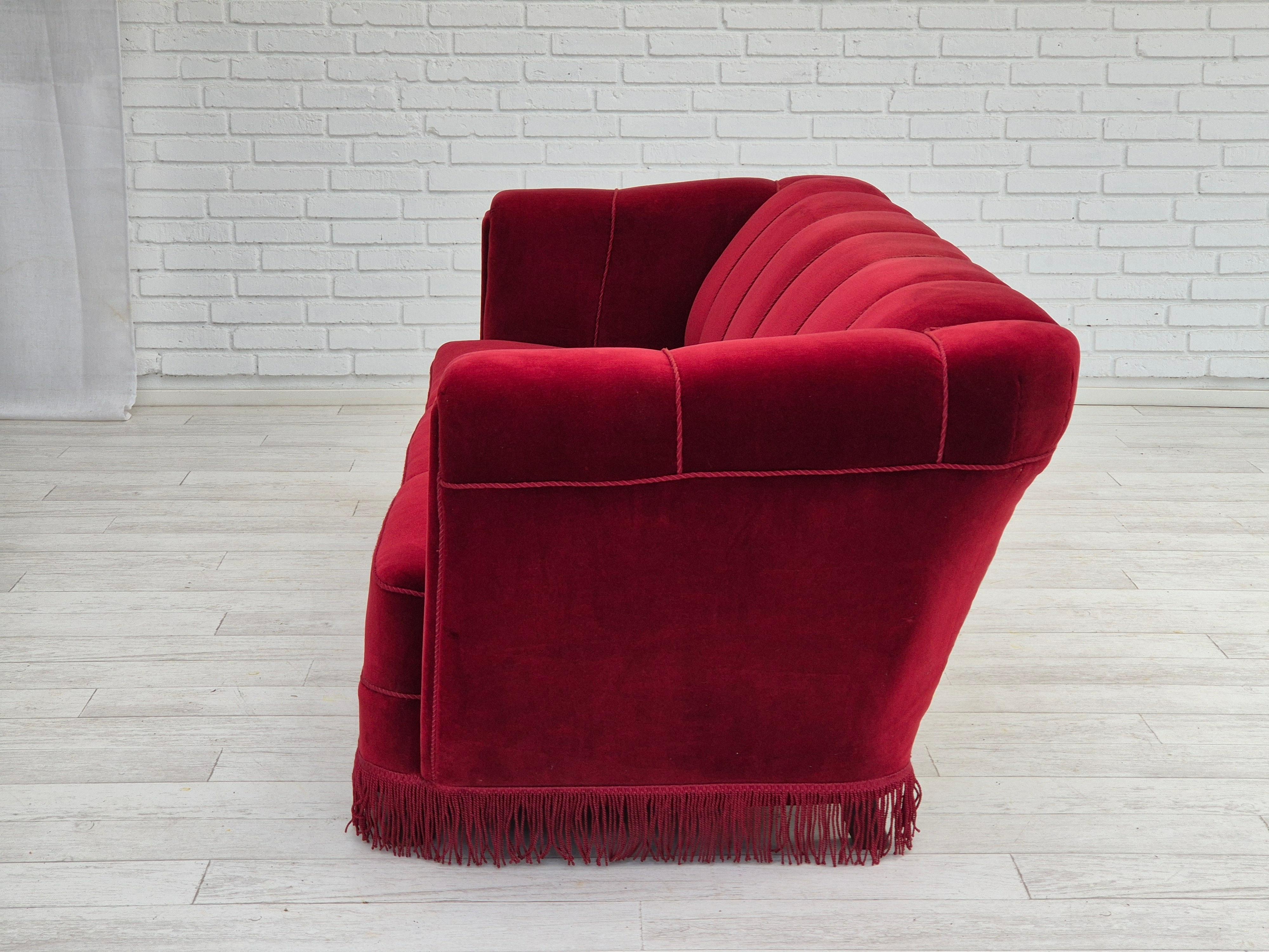 1960s, Danish 3 seater sofa, original condition, furniture velour, oak wood legs For Sale 8