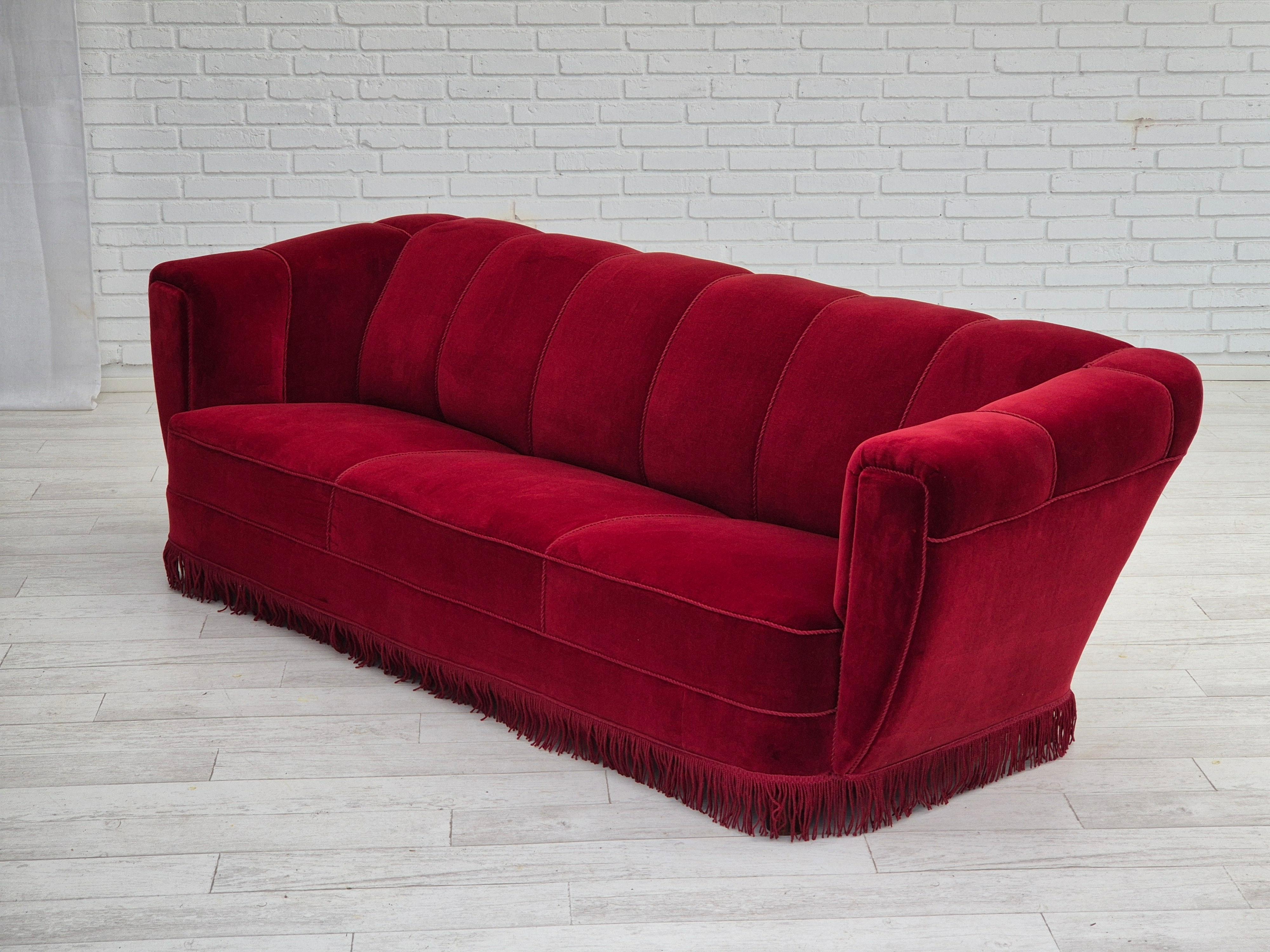 1960s, Danish 3 seater sofa, original condition, furniture velour, oak wood legs For Sale 9