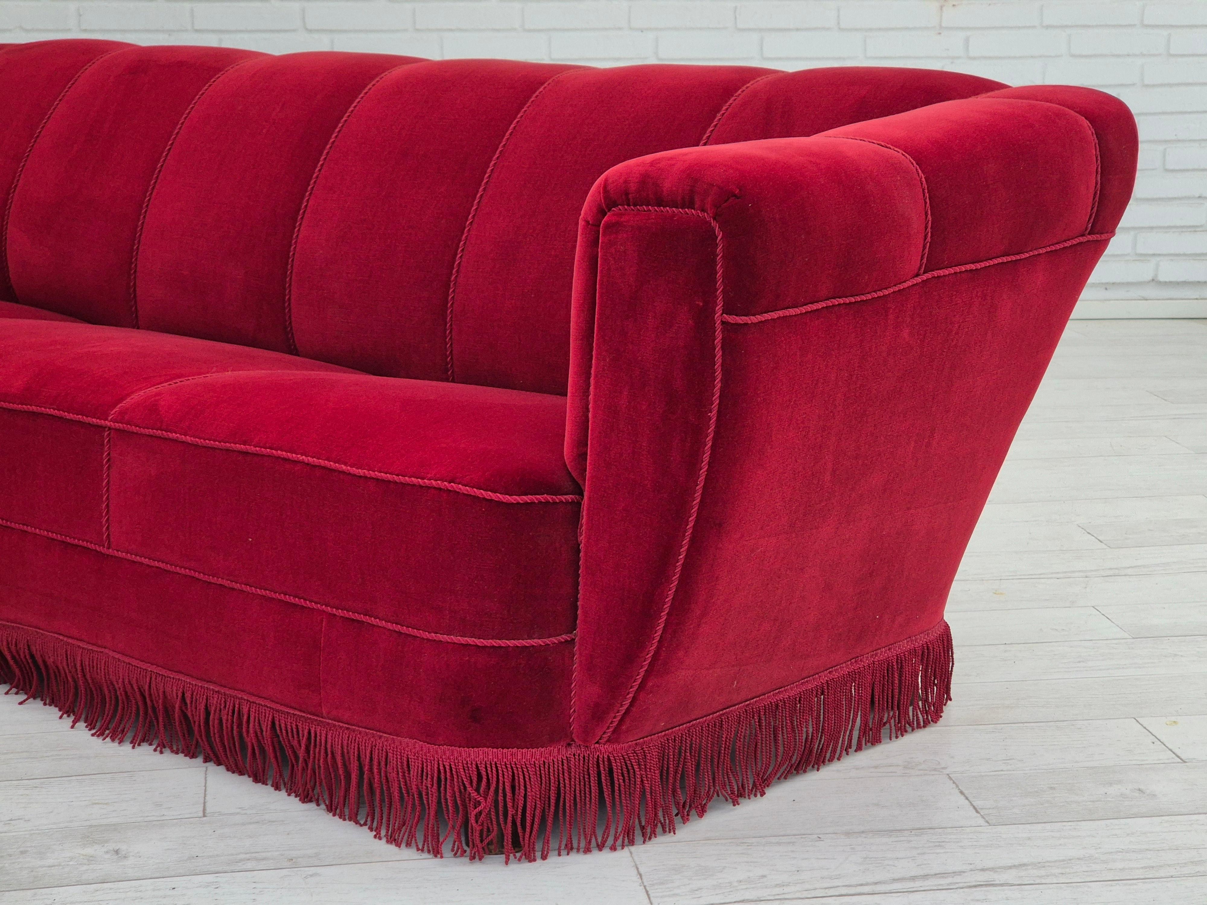 1960s, Danish 3 seater sofa, original condition, furniture velour, oak wood legs For Sale 10