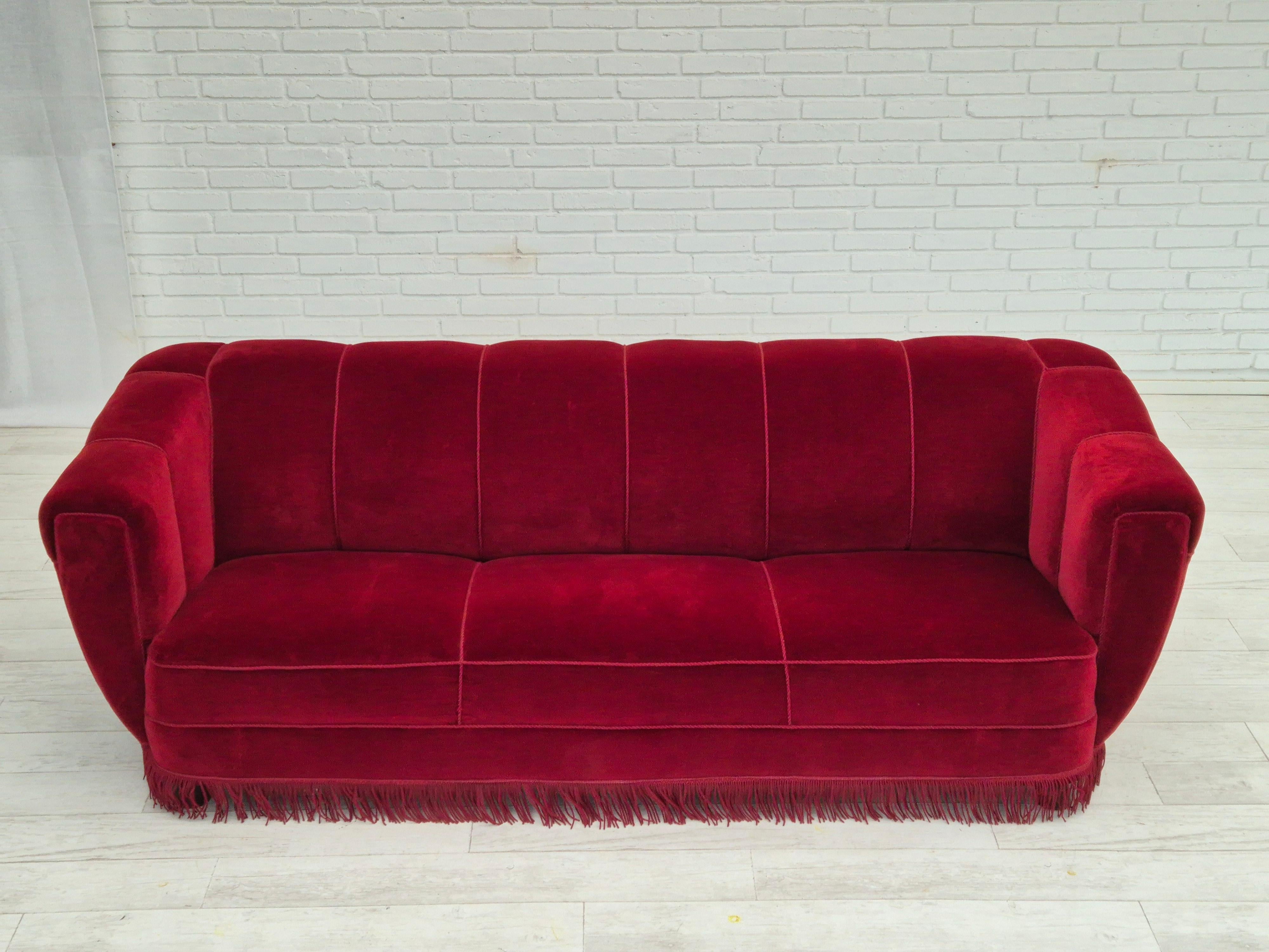 Scandinavian Modern 1960s, Danish 3 seater sofa, original condition, furniture velour, oak wood legs For Sale