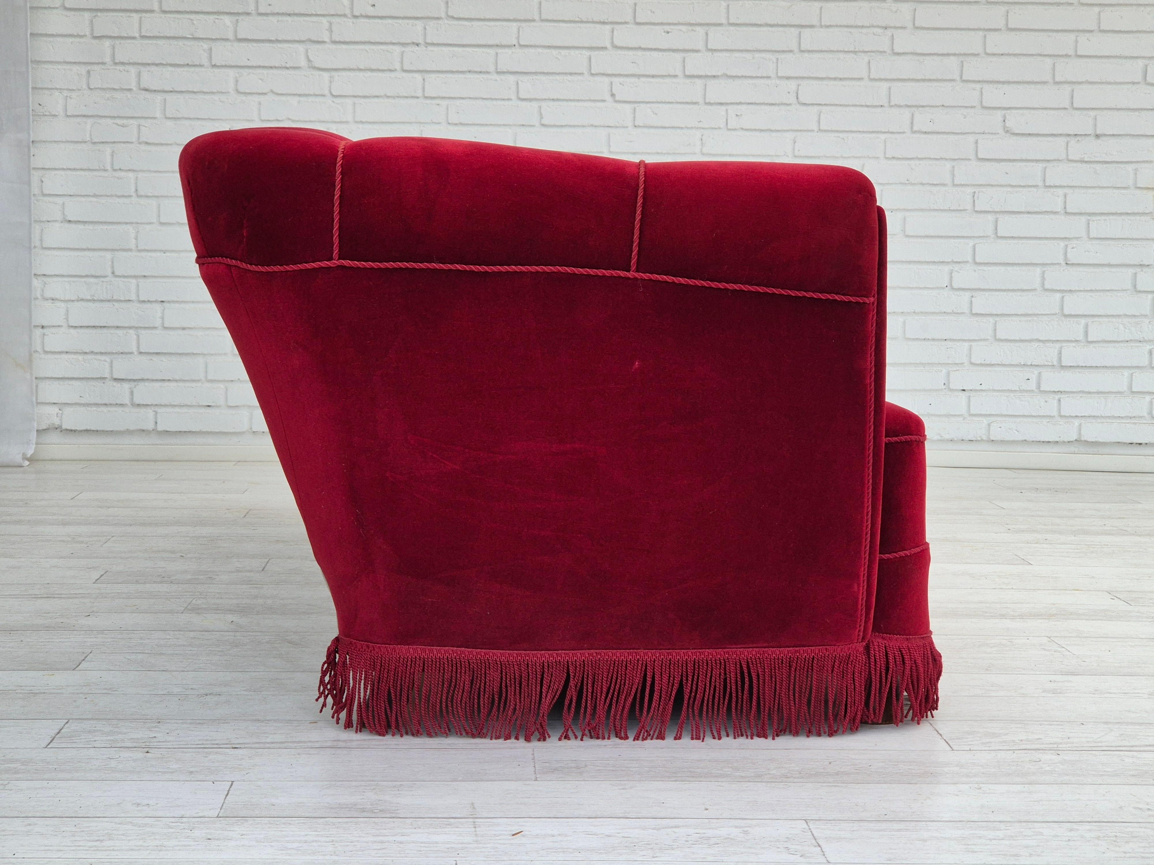 Mid-20th Century 1960s, Danish 3 seater sofa, original condition, furniture velour, oak wood legs For Sale