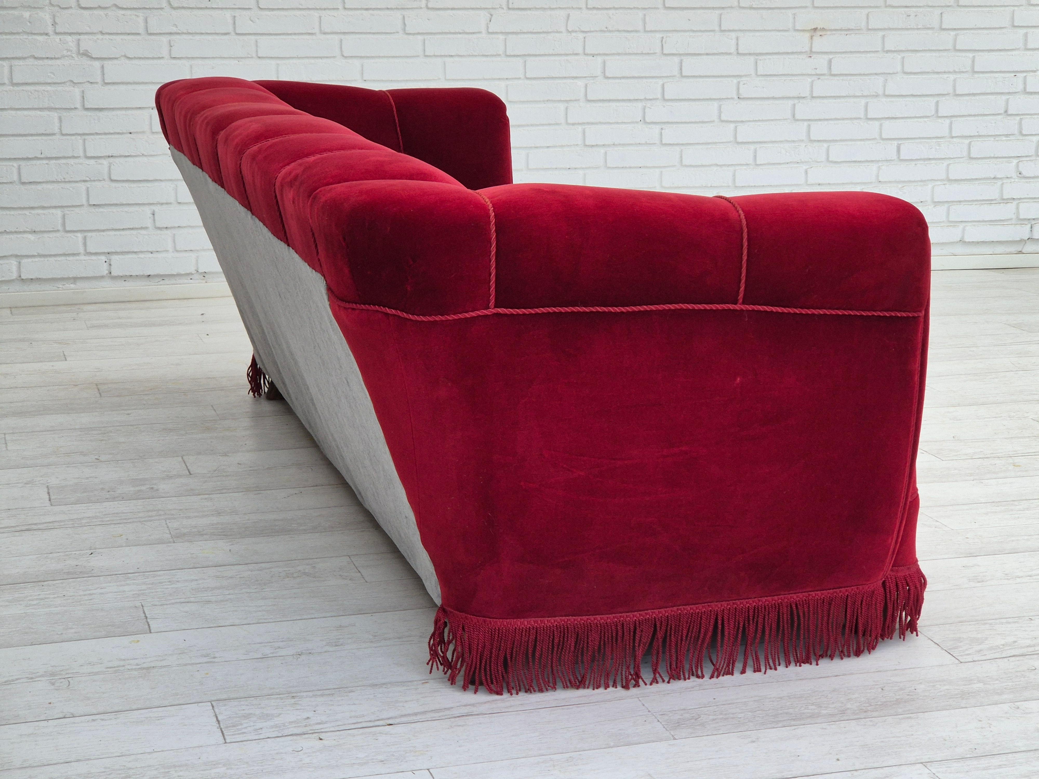Velvet 1960s, Danish 3 seater sofa, original condition, furniture velour, oak wood legs For Sale