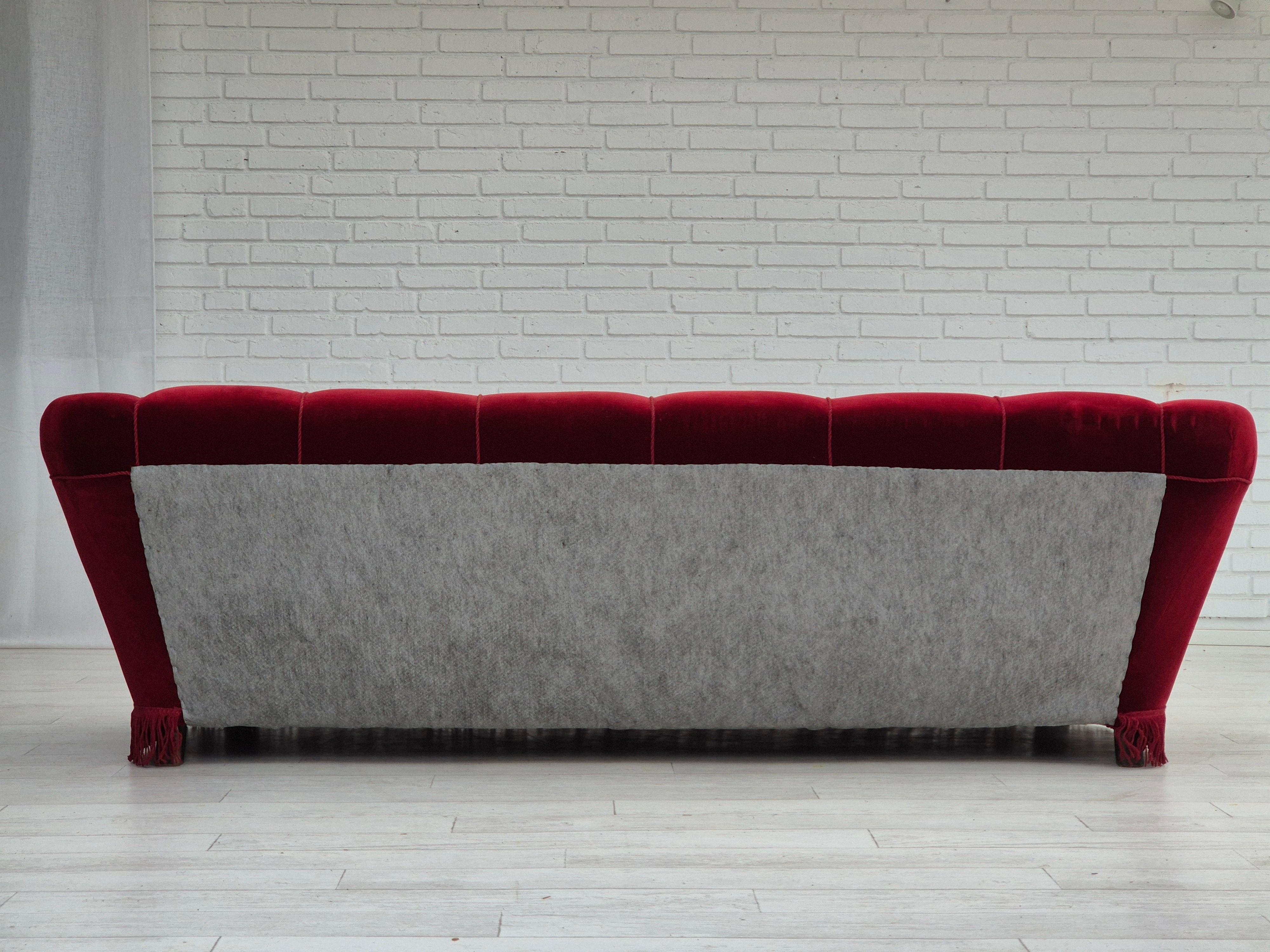 1960s, Danish 3 seater sofa, original condition, furniture velour, oak wood legs For Sale 2
