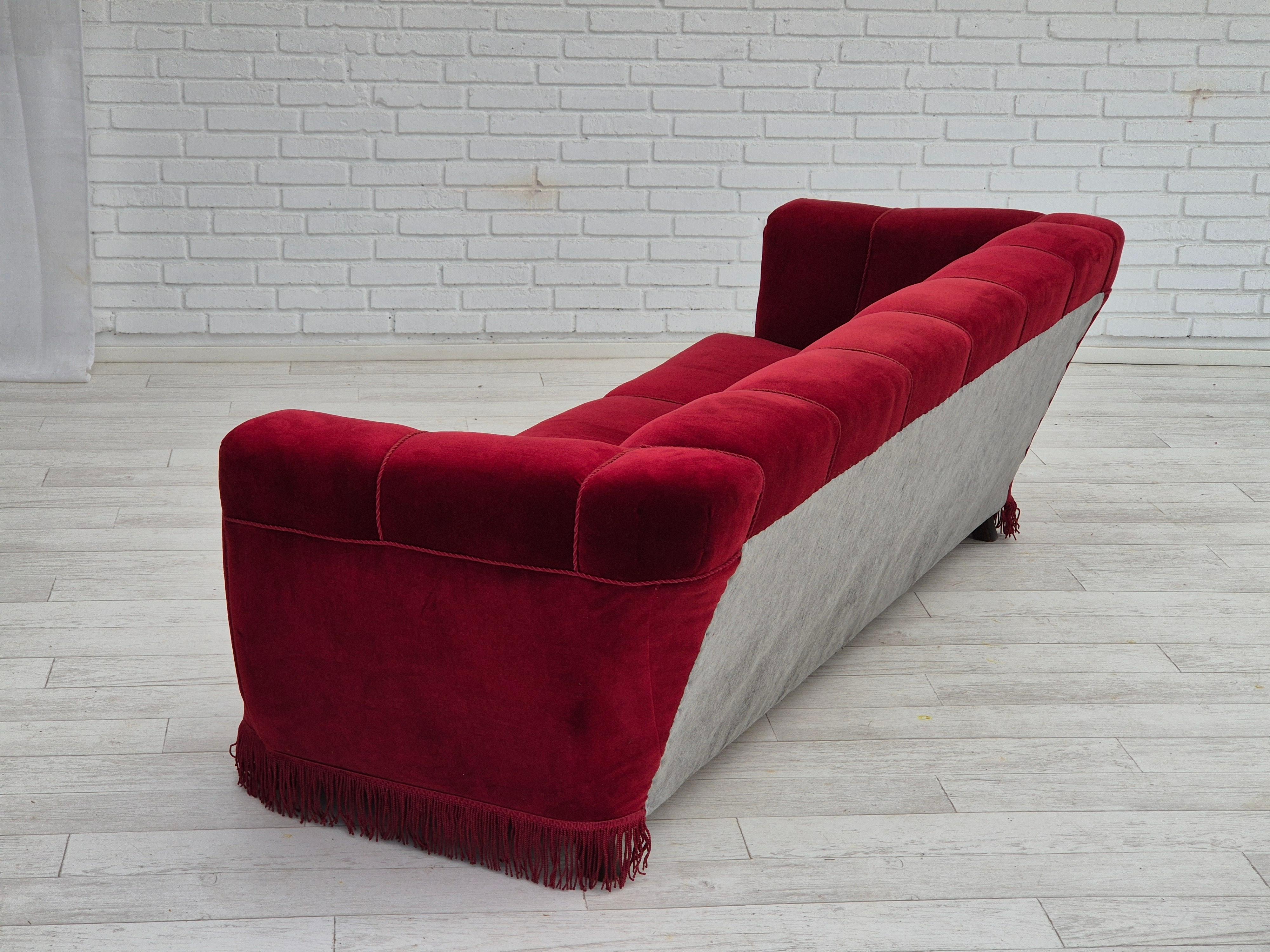 1960s, Danish 3 seater sofa, original condition, furniture velour, oak wood legs For Sale 3