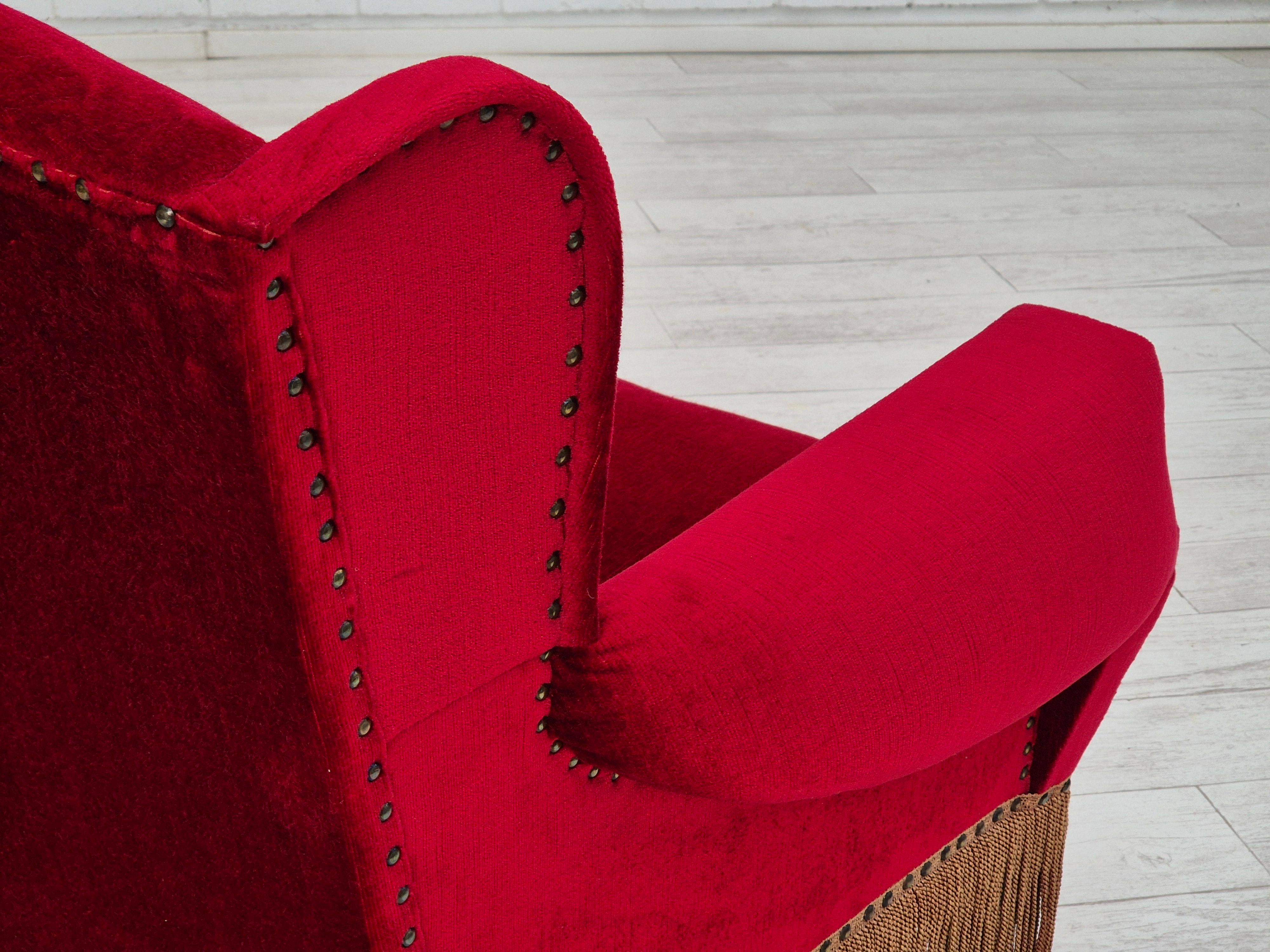 1960s, Danish 3 seater sofa, original, furniture velour, oak wood legs. For Sale 8