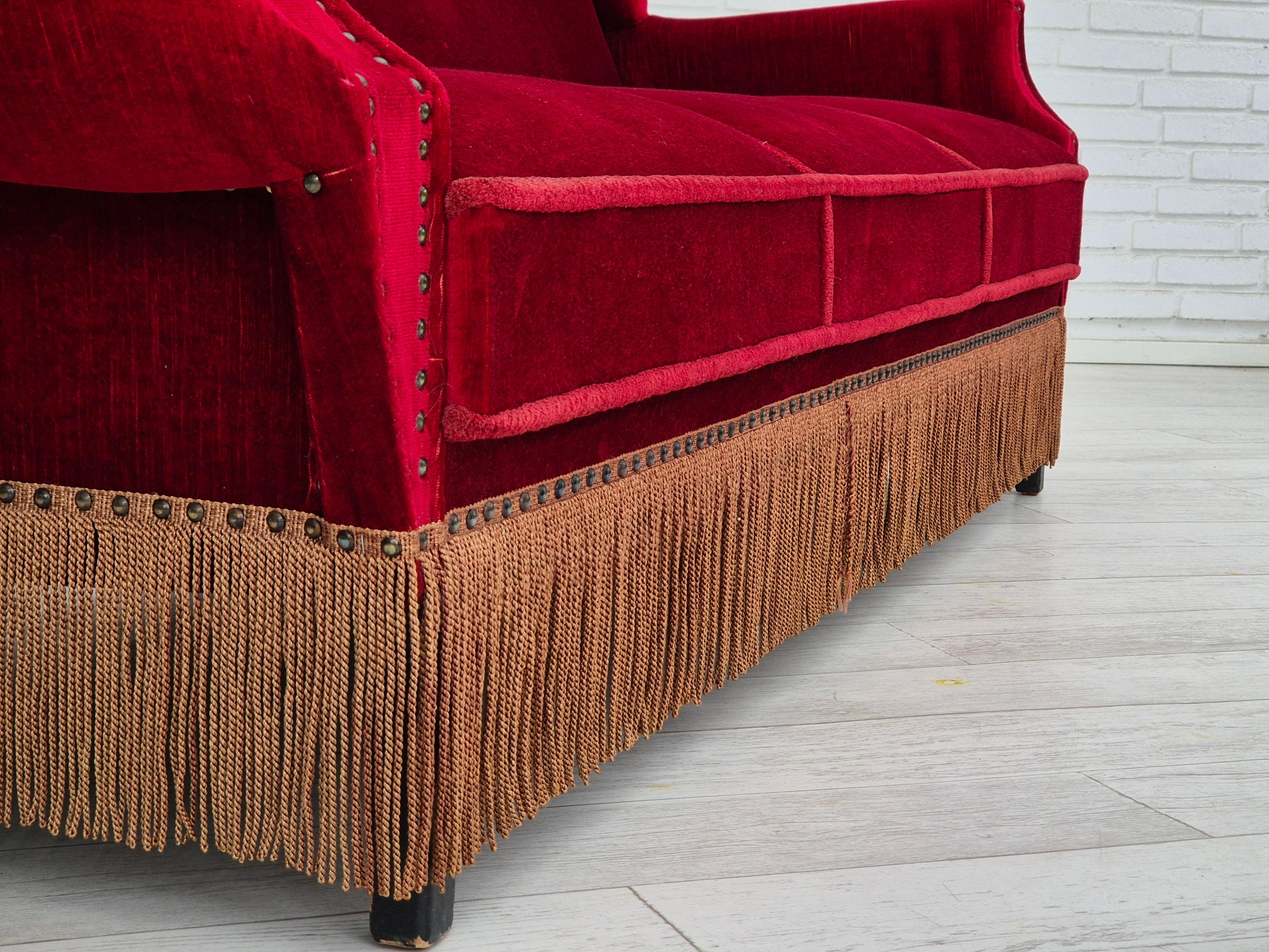 1960s, Danish 3 seater sofa, original, furniture velour, oak wood legs. For Sale 12