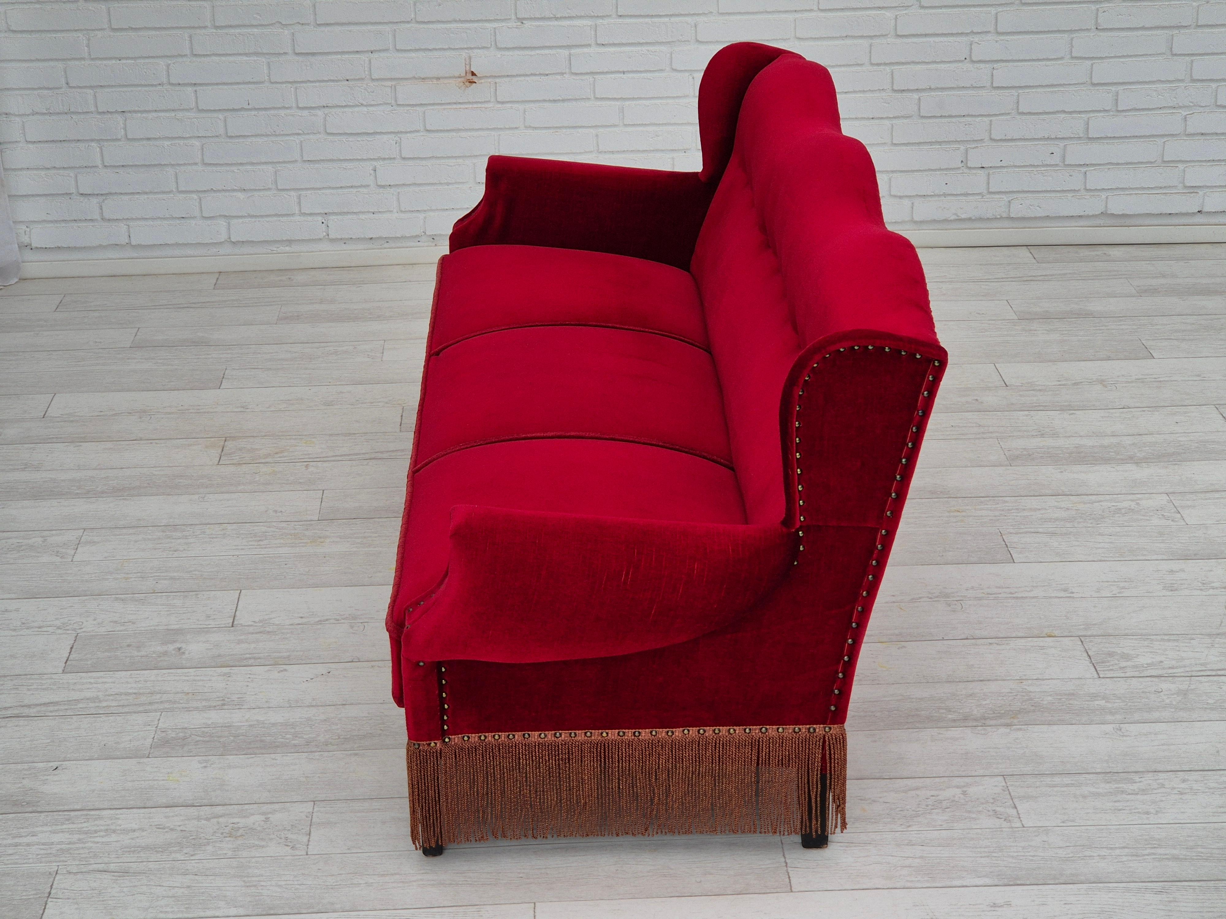 1960s, Danish 3 seater sofa, original, furniture velour, oak wood legs. For Sale 13