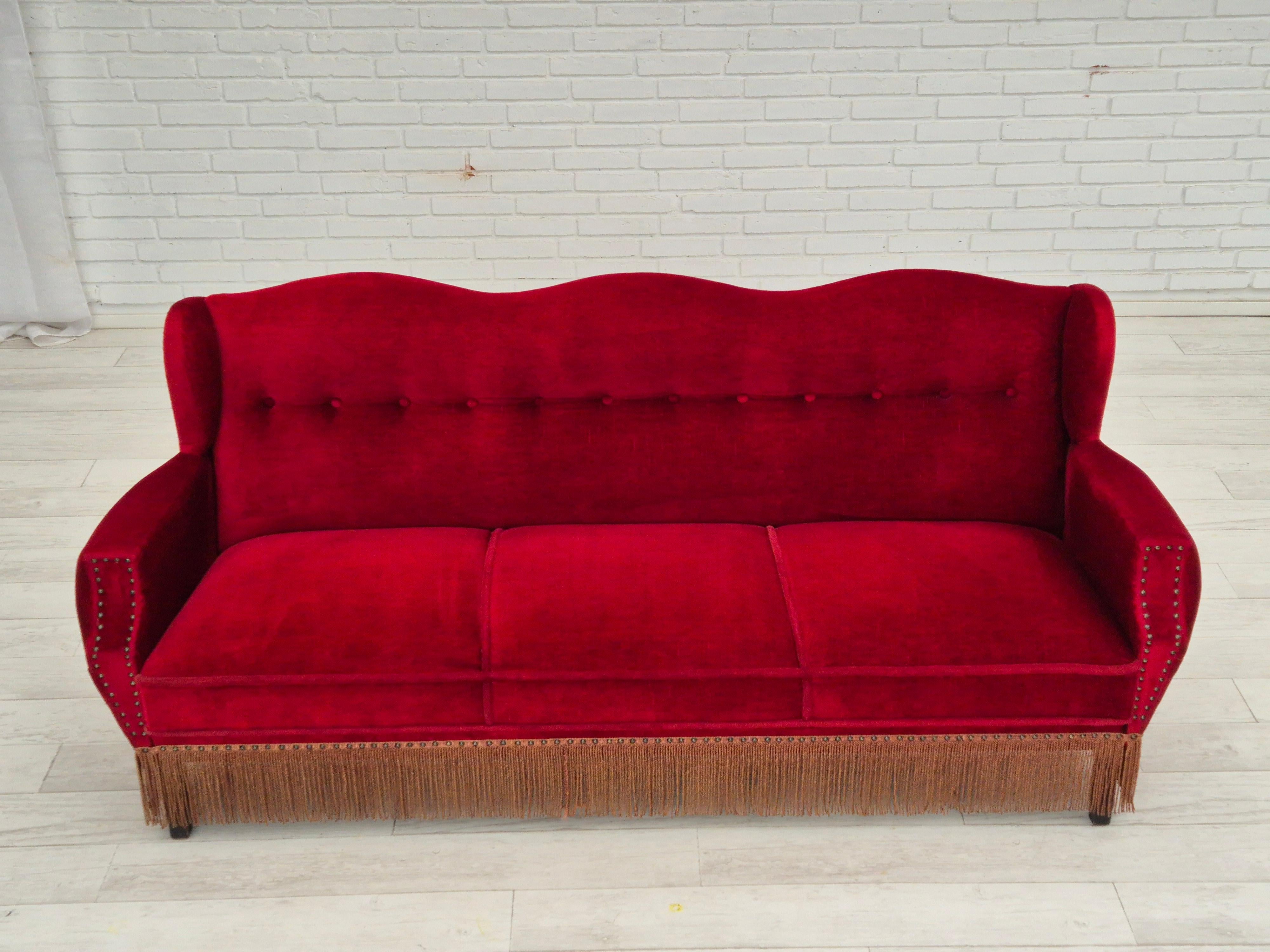 1960s, Danish 3 seater sofa, original, furniture velour, oak wood legs. For Sale 14