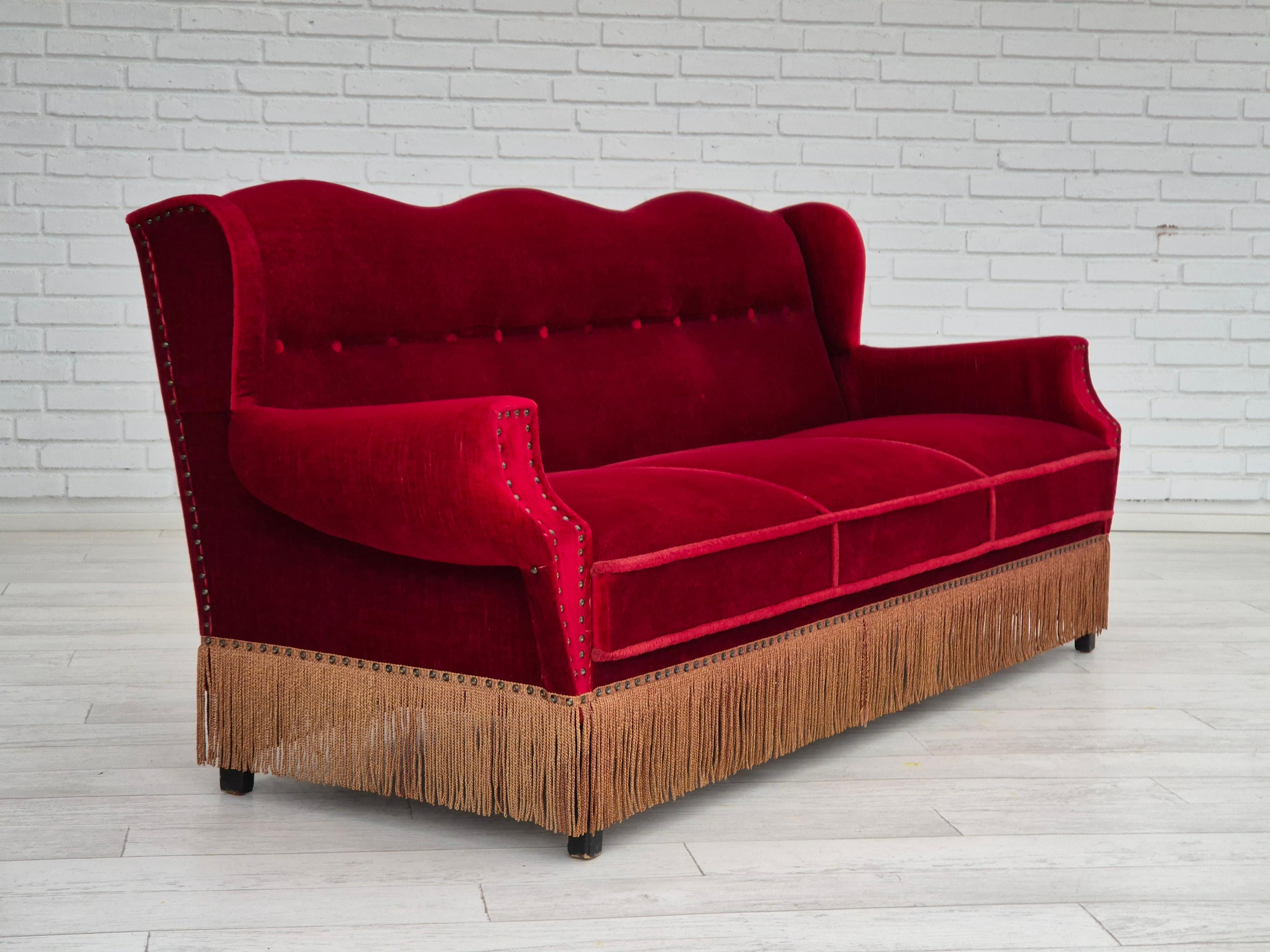 Scandinavian Modern 1960s, Danish 3 seater sofa, original, furniture velour, oak wood legs. For Sale