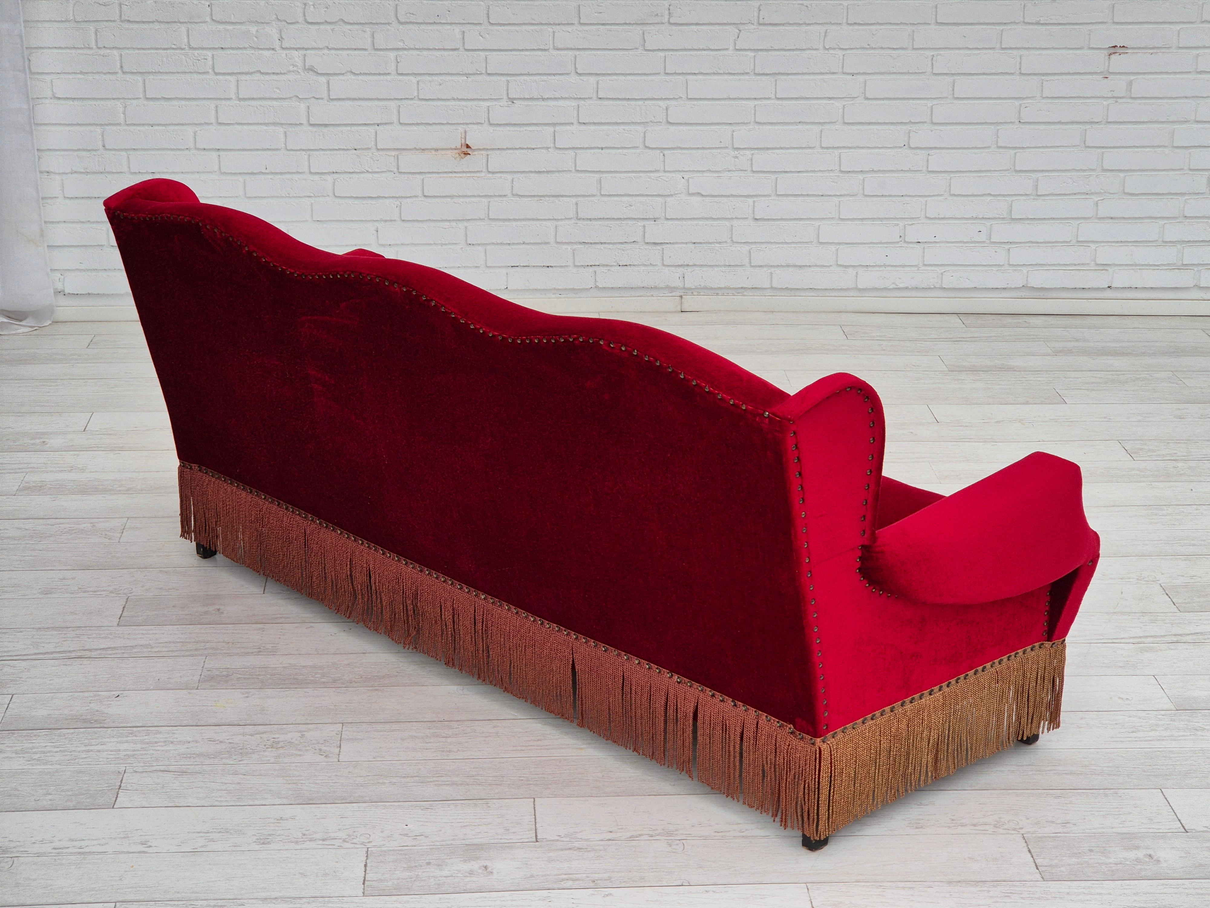 Mid-20th Century 1960s, Danish 3 seater sofa, original, furniture velour, oak wood legs. For Sale