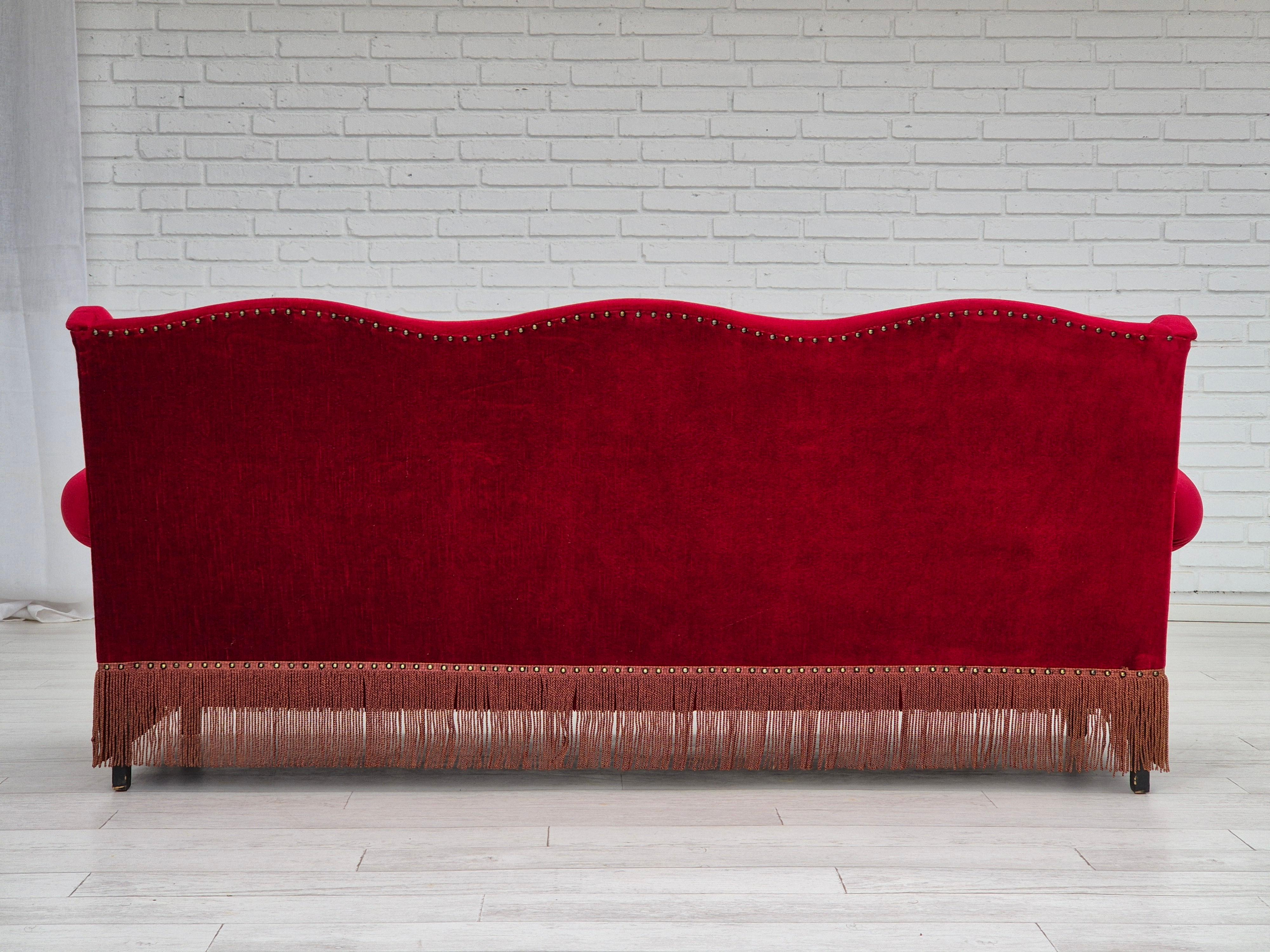 Velvet 1960s, Danish 3 seater sofa, original, furniture velour, oak wood legs. For Sale
