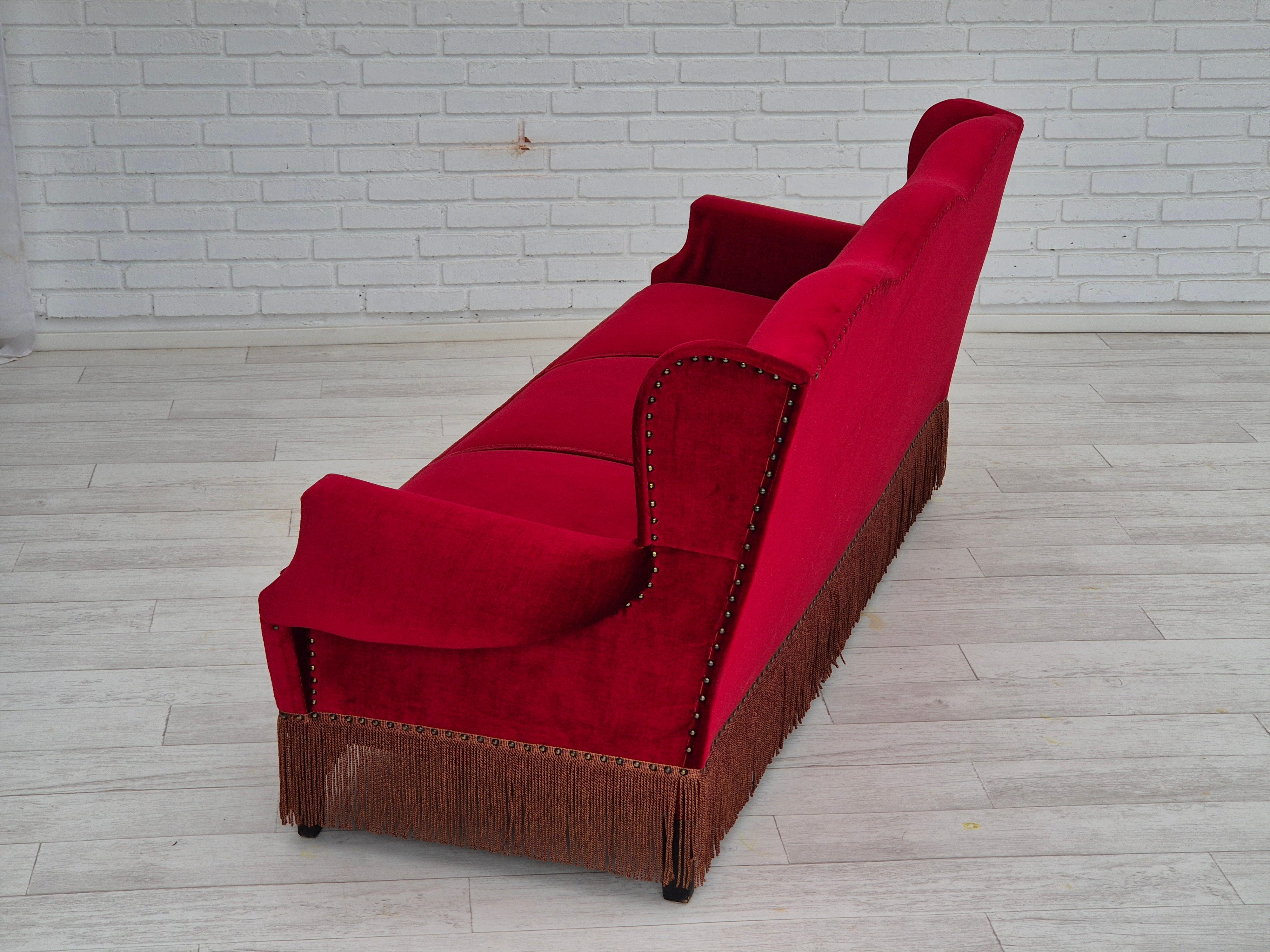 1960s, Danish 3 seater sofa, original, furniture velour, oak wood legs. For Sale 1