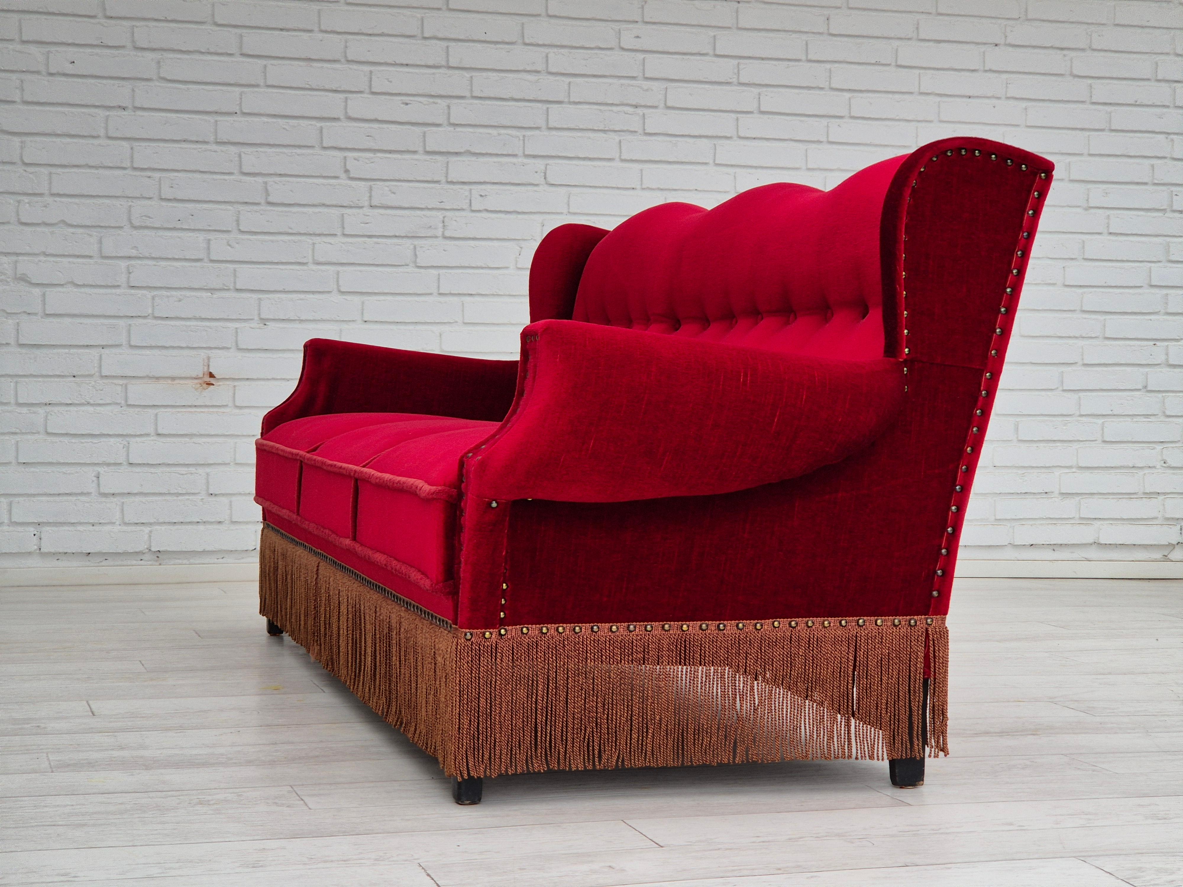 1960s, Danish 3 seater sofa, original, furniture velour, oak wood legs. For Sale 2