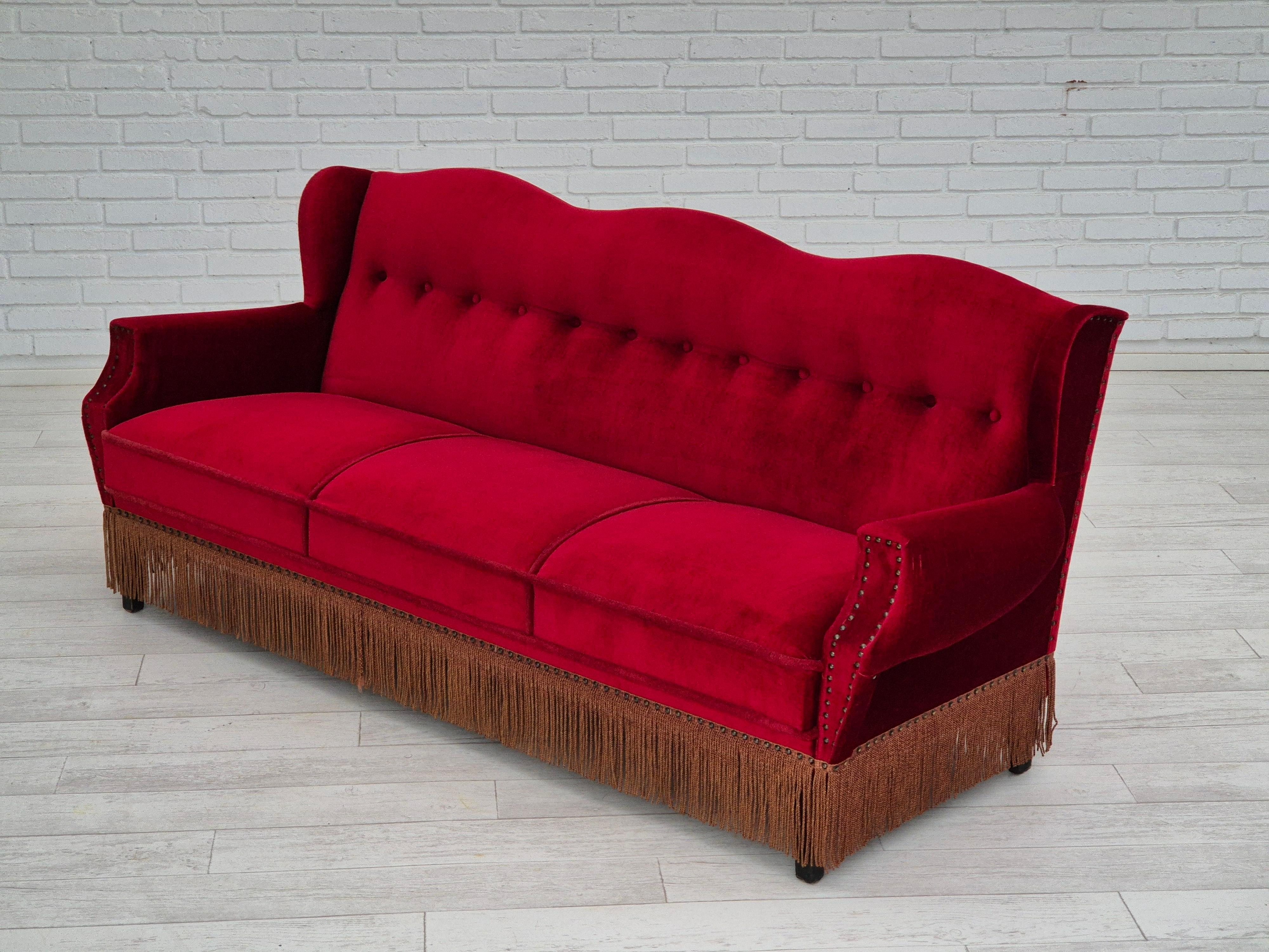 1960s, Danish 3 seater sofa, original, furniture velour, oak wood legs. For Sale 3