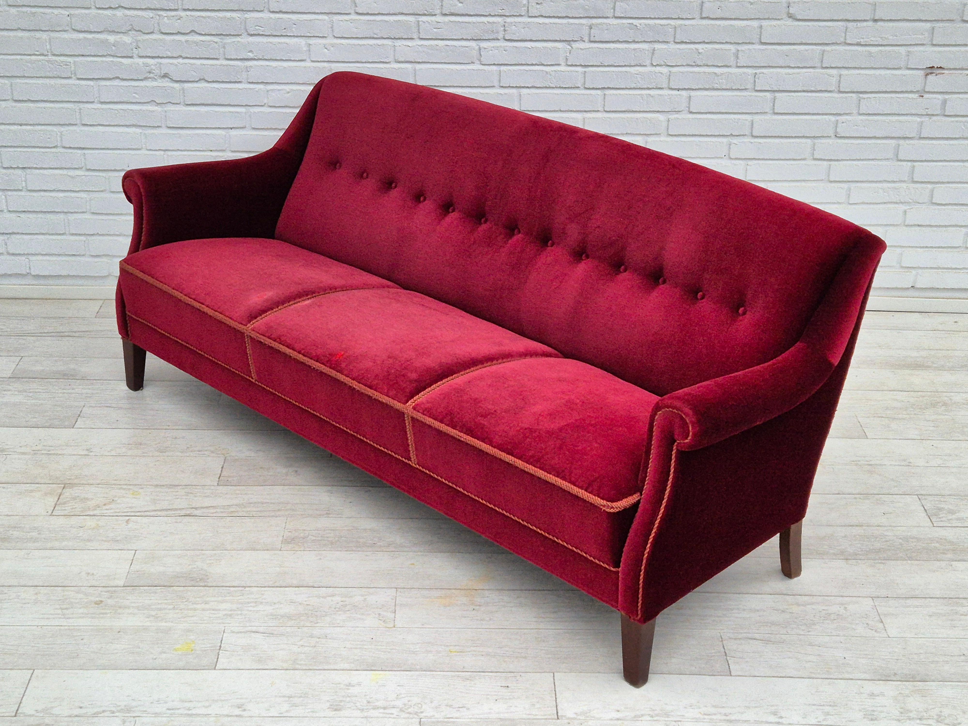 1960s, Danish 3 seater sofa, original good condition, furniture velour, beech. 9