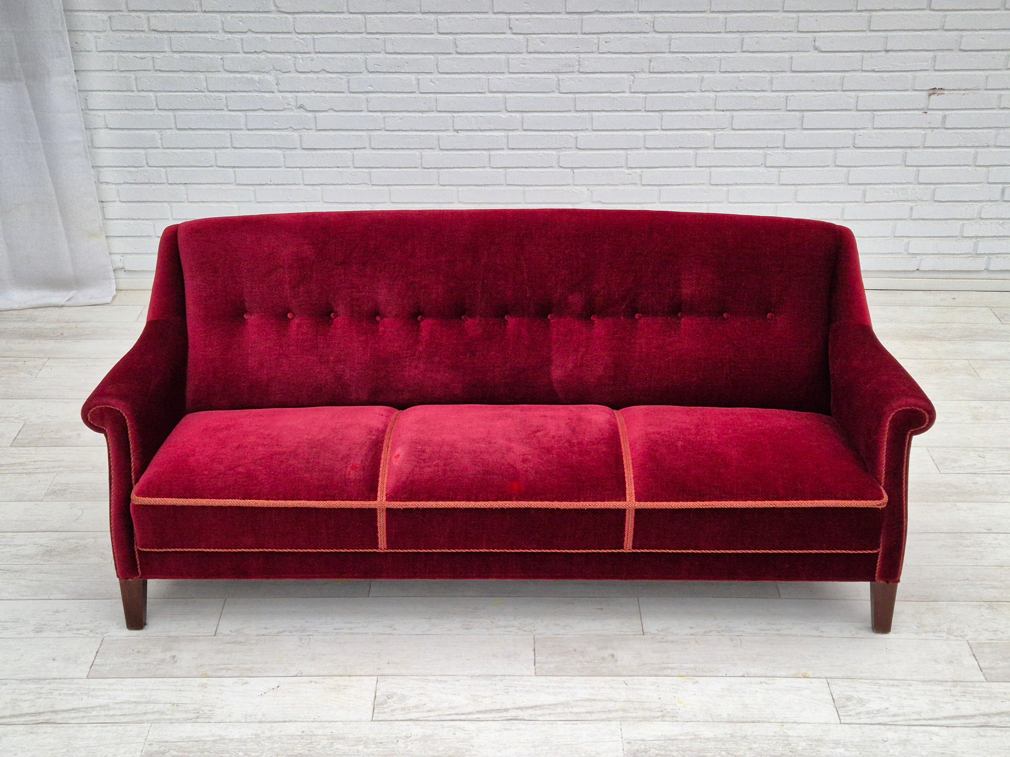 Scandinavian Modern 1960s, Danish 3 seater sofa, original good condition, furniture velour, beech.