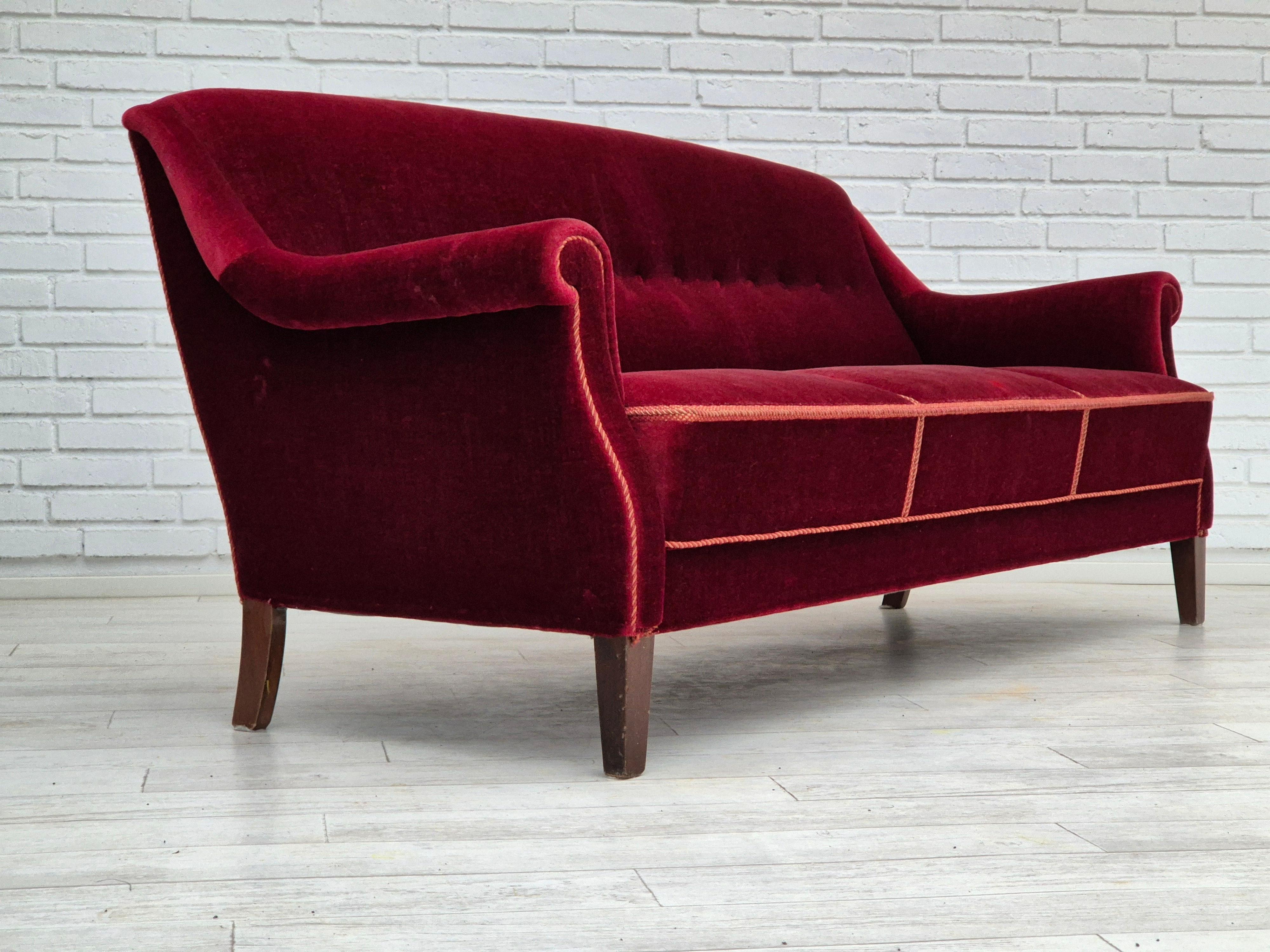 1960s, Danish 3 seater sofa, original good condition, furniture velour, beech. In Good Condition In Tarm, 82