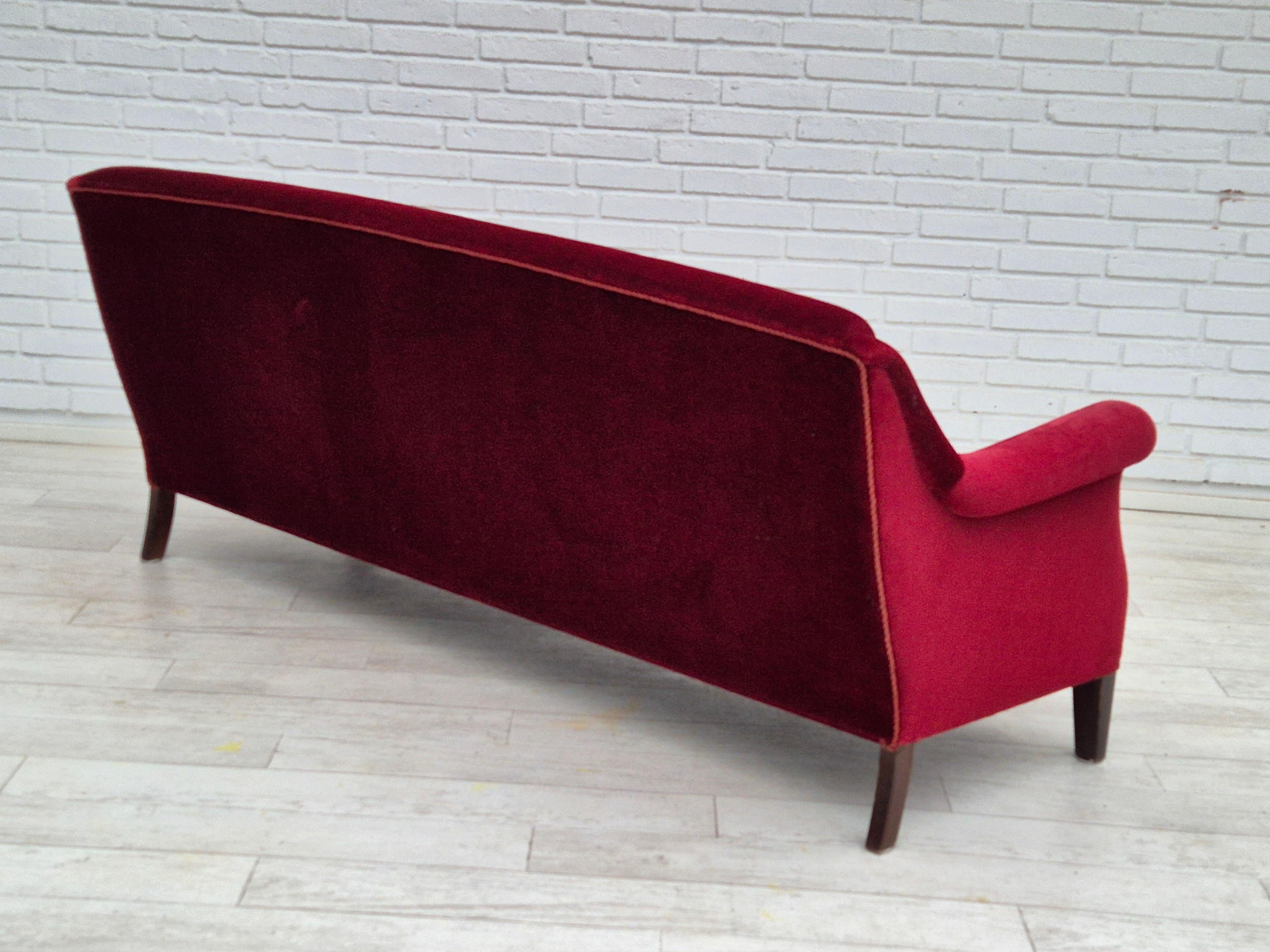 Velvet 1960s, Danish 3 seater sofa, original good condition, furniture velour, beech.